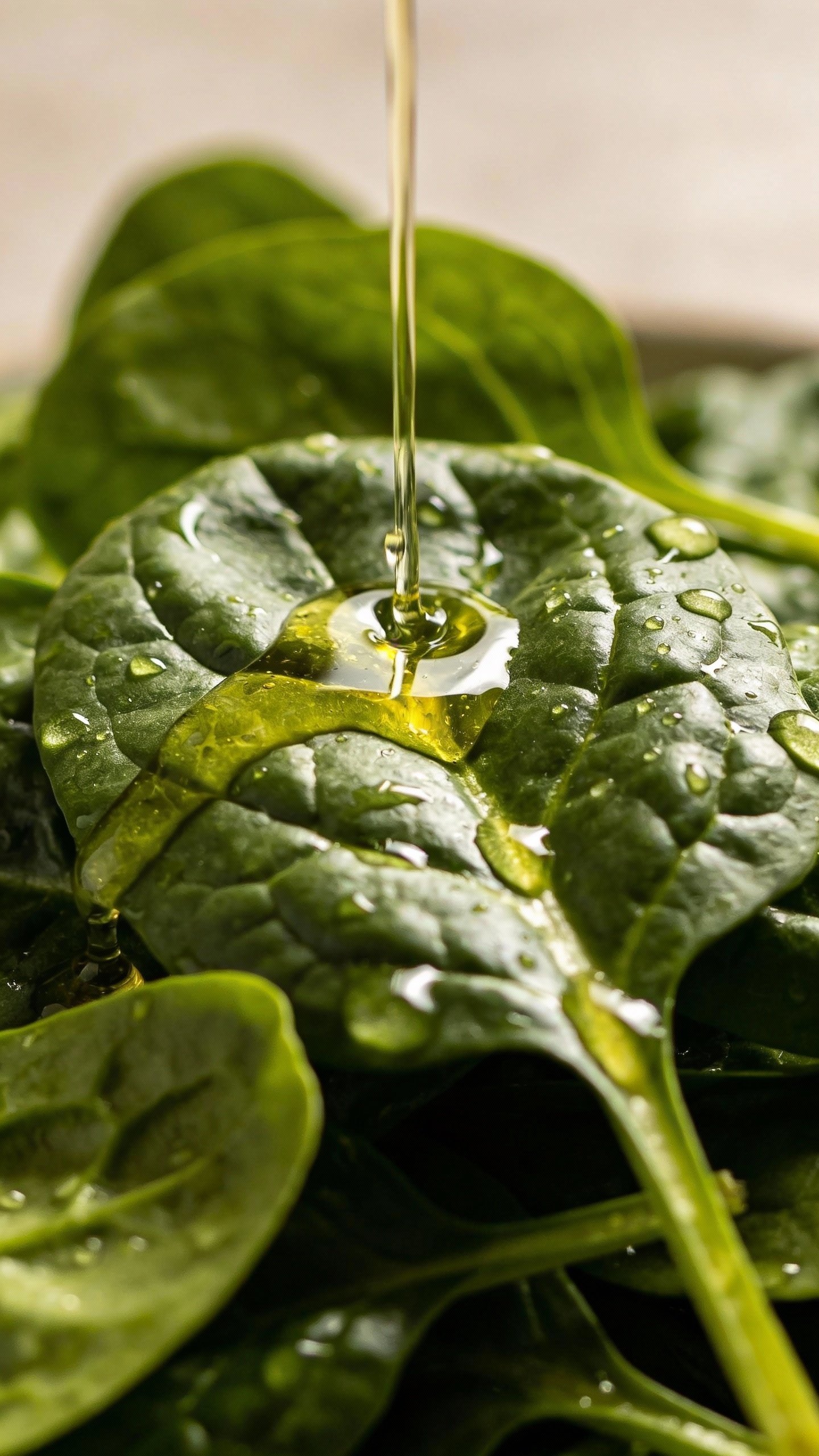 closeup of glossy spinach leaves with lemon vinaigrette drizzle