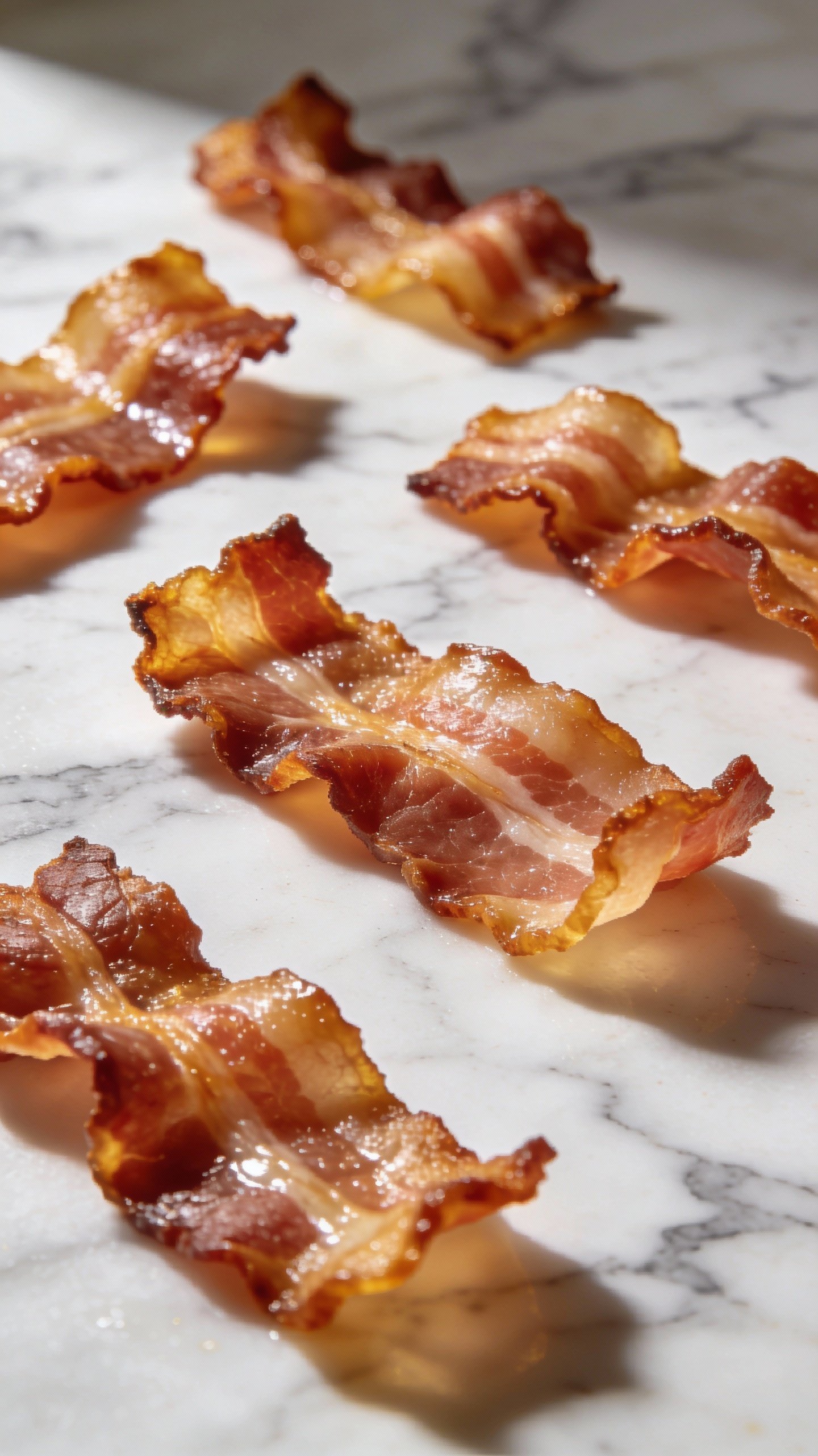 crispy bacon shards on marble, keto-style, studio-lit closeup