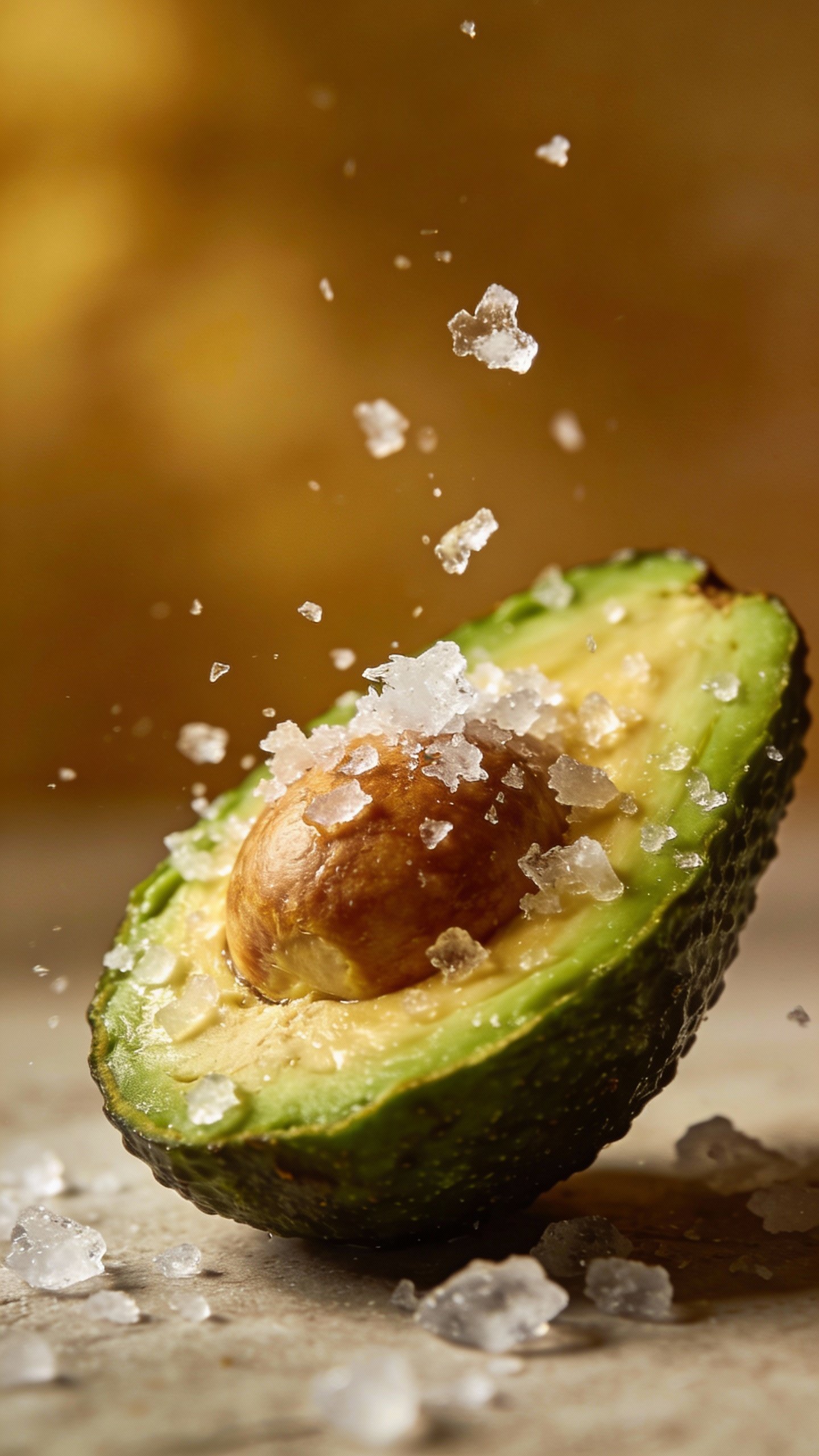 halved ripe avocado with flaky salt, macro food photography