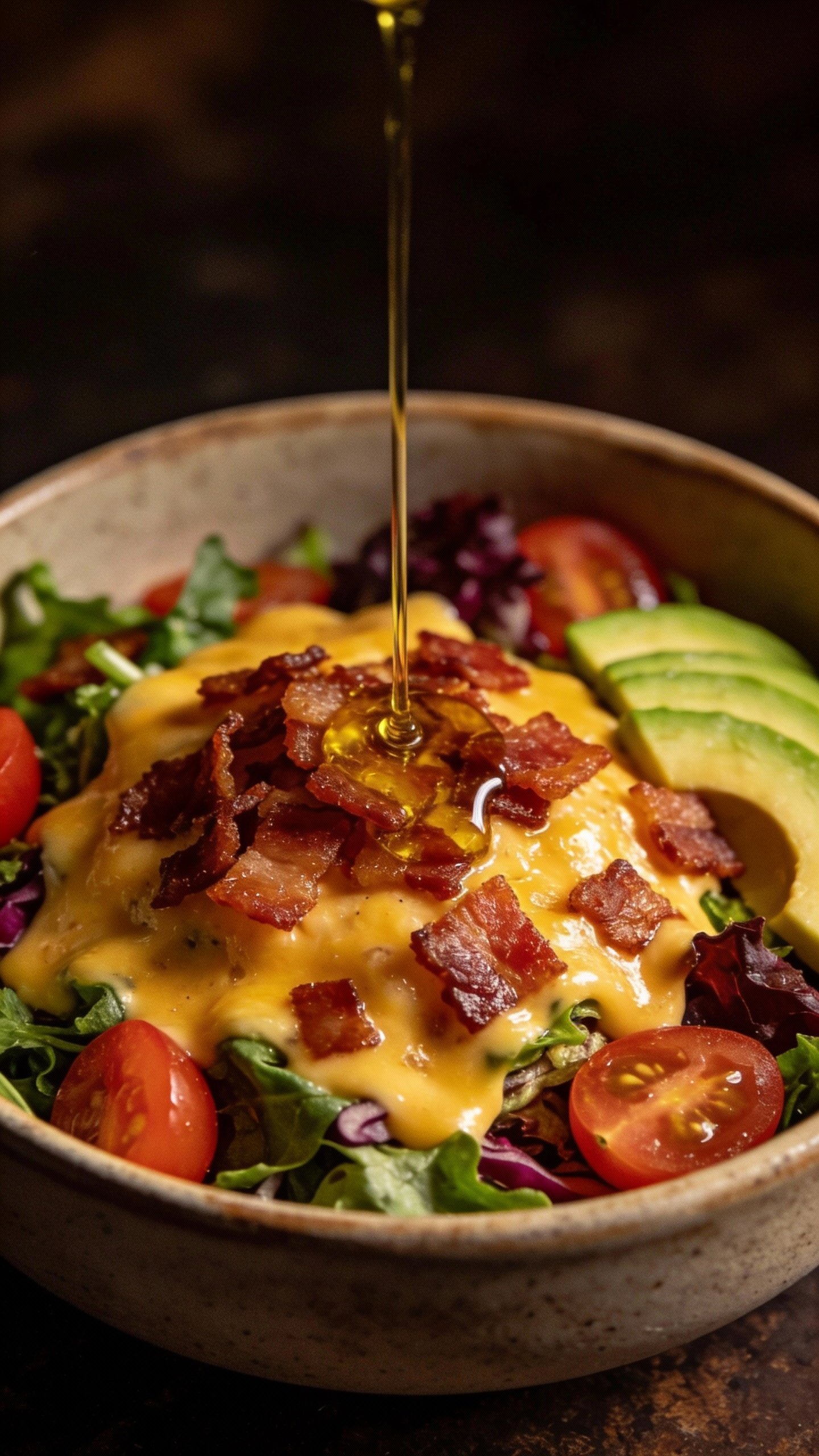 closeup bowl of cheesy bacon keto salad, moody lighting