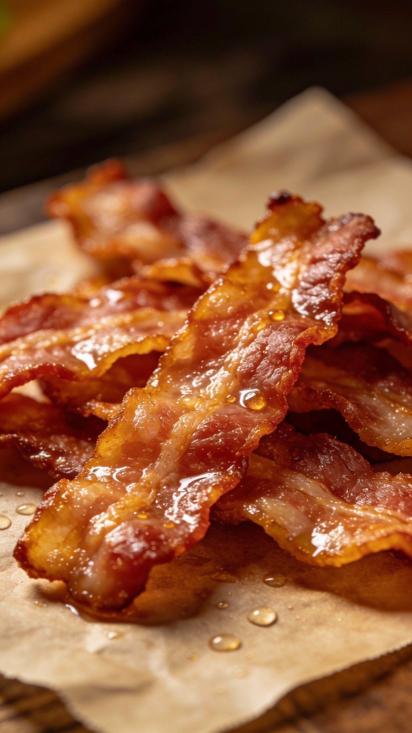 crispy bacon strips on parchment, glistening fat, shallow depth