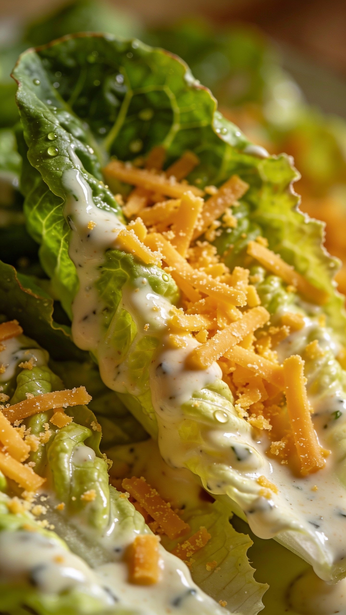 creamy ranch-dressed romaine leaves, grated cheddar, macro shot