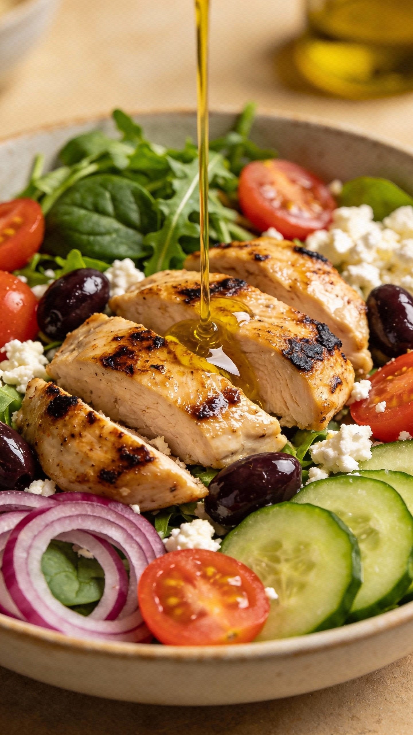 closeup Mediterranean keto salad bowl with grilled chicken