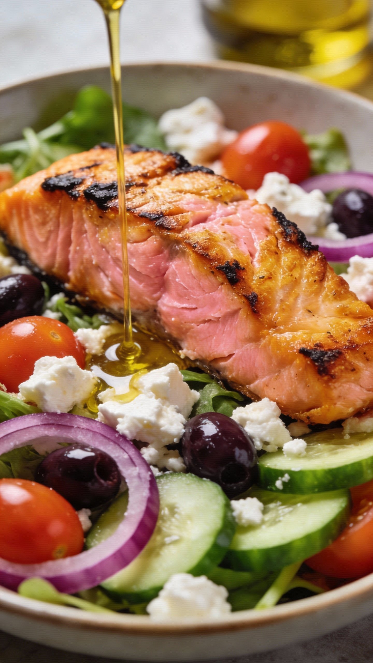 closeup Mediterranean keto salad bowl with seared salmon
