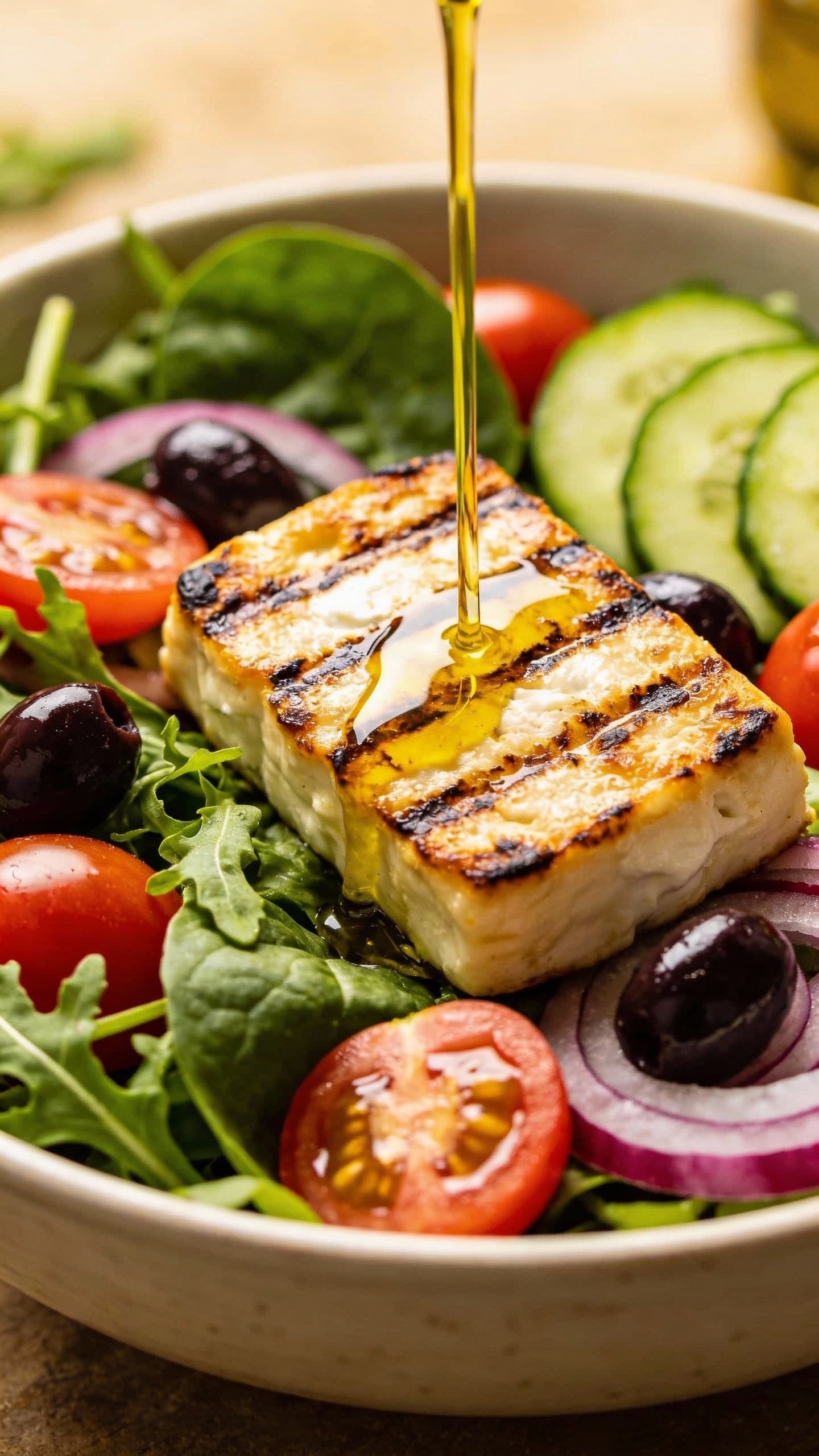 closeup Mediterranean keto salad bowl with grilled halloumi