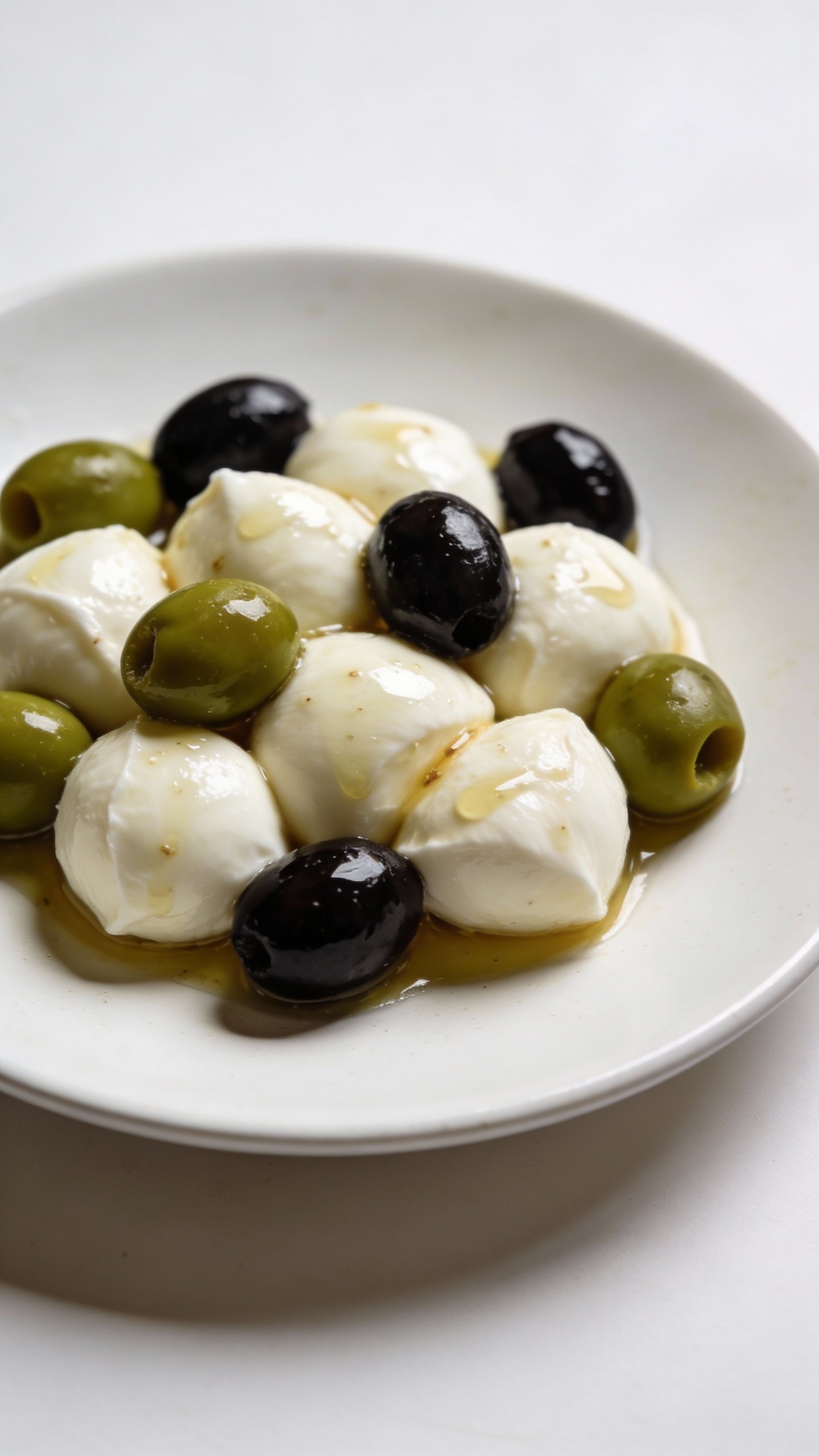single white plate of marinated mozzarella and olives, overhead