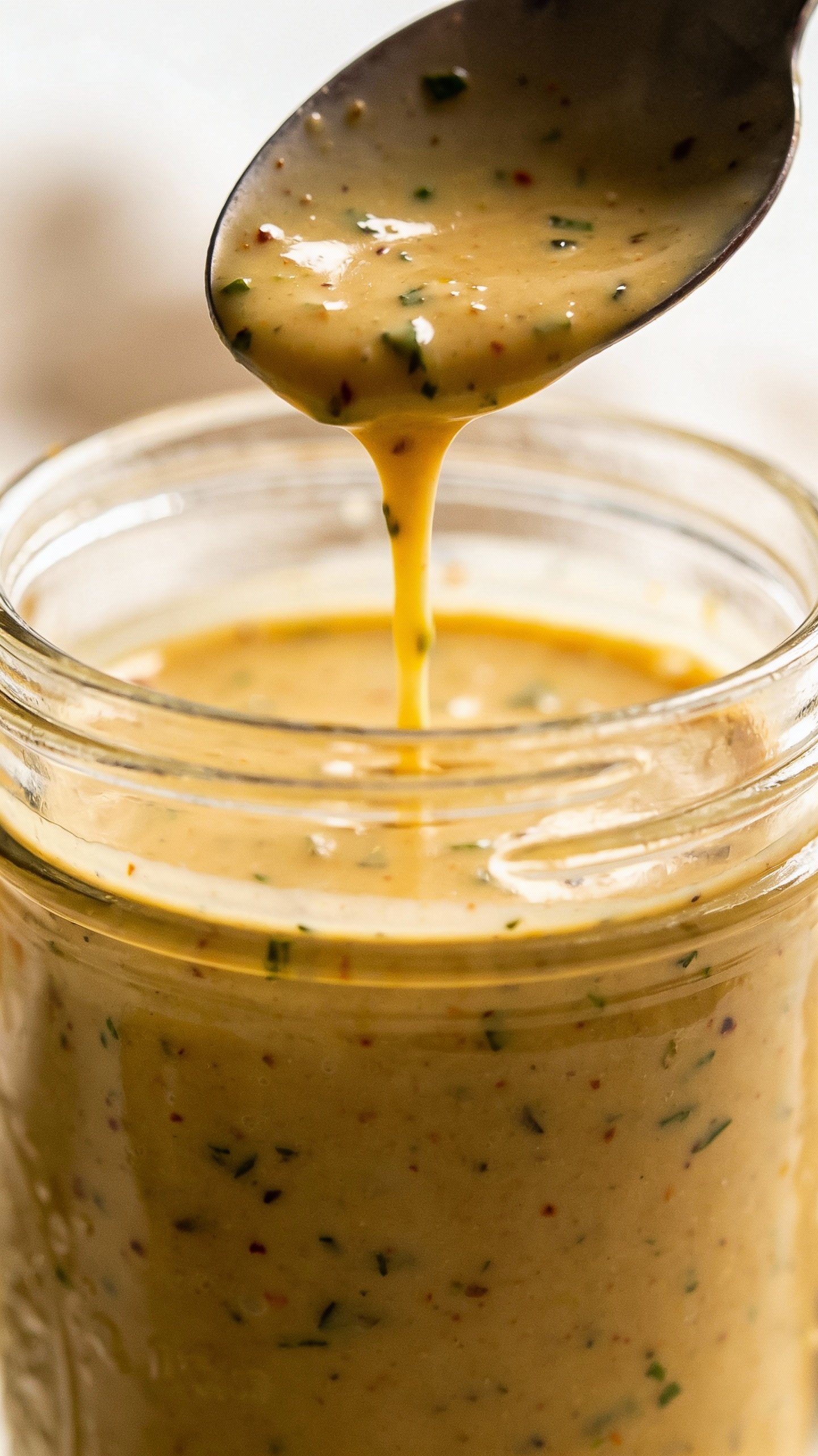 closeup glass jar of homemade keto Italian dressing, spoon drizzling