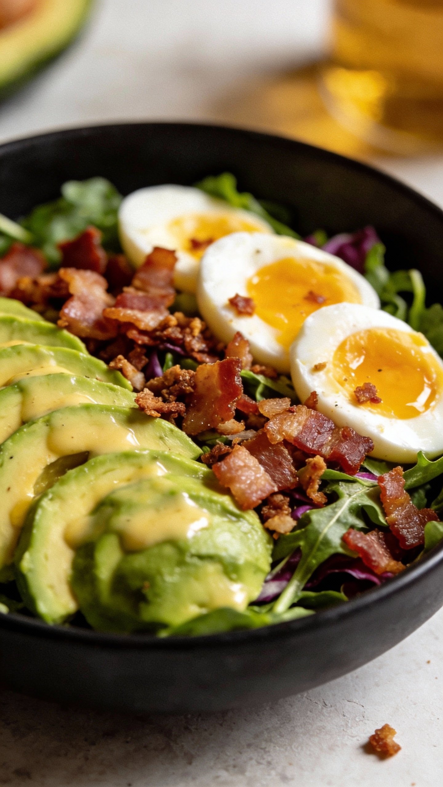 closeup bowl of avocado egg keto salad, matte black bowl