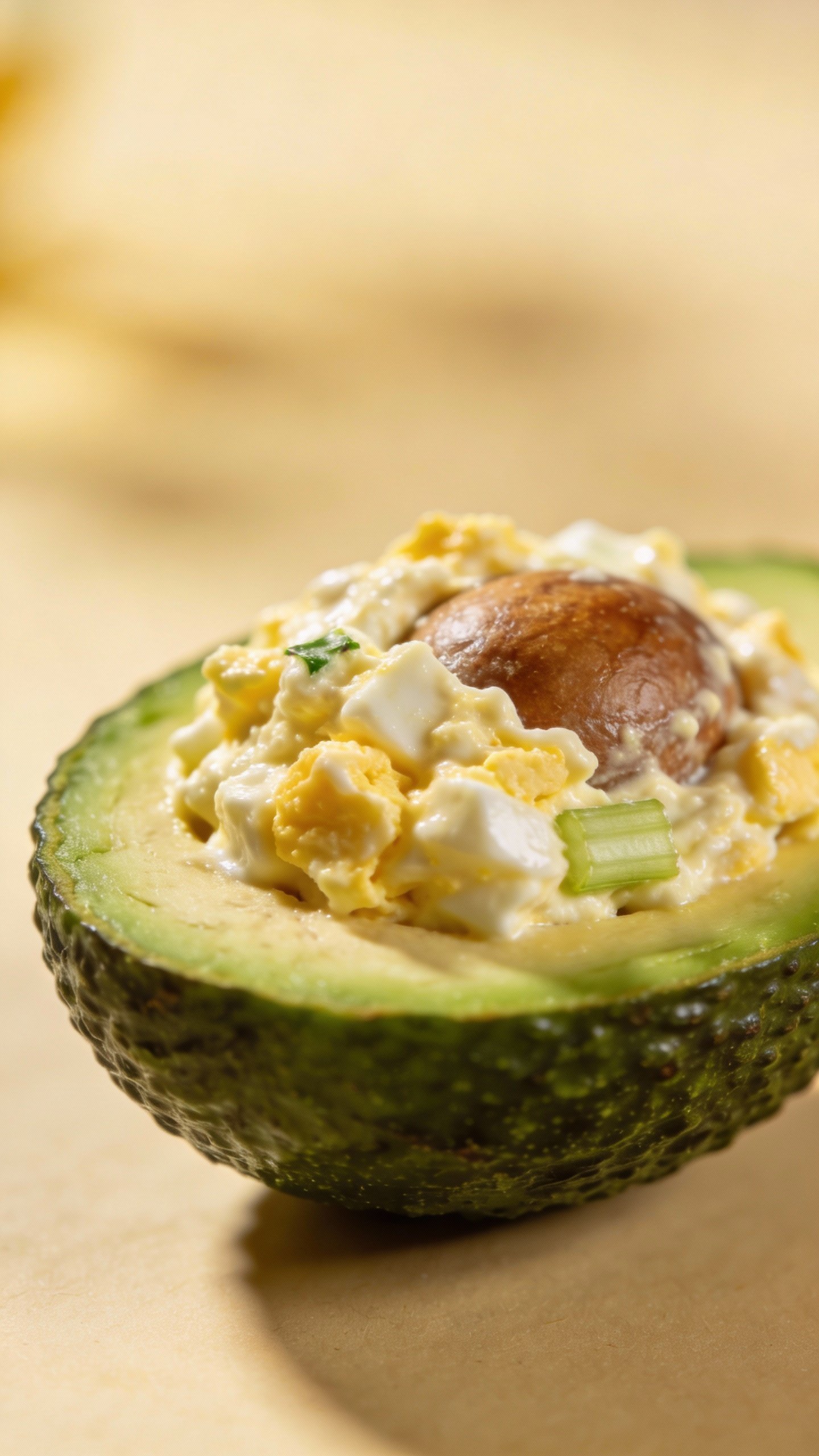 single halved avocado filled with egg salad, natural light shot
