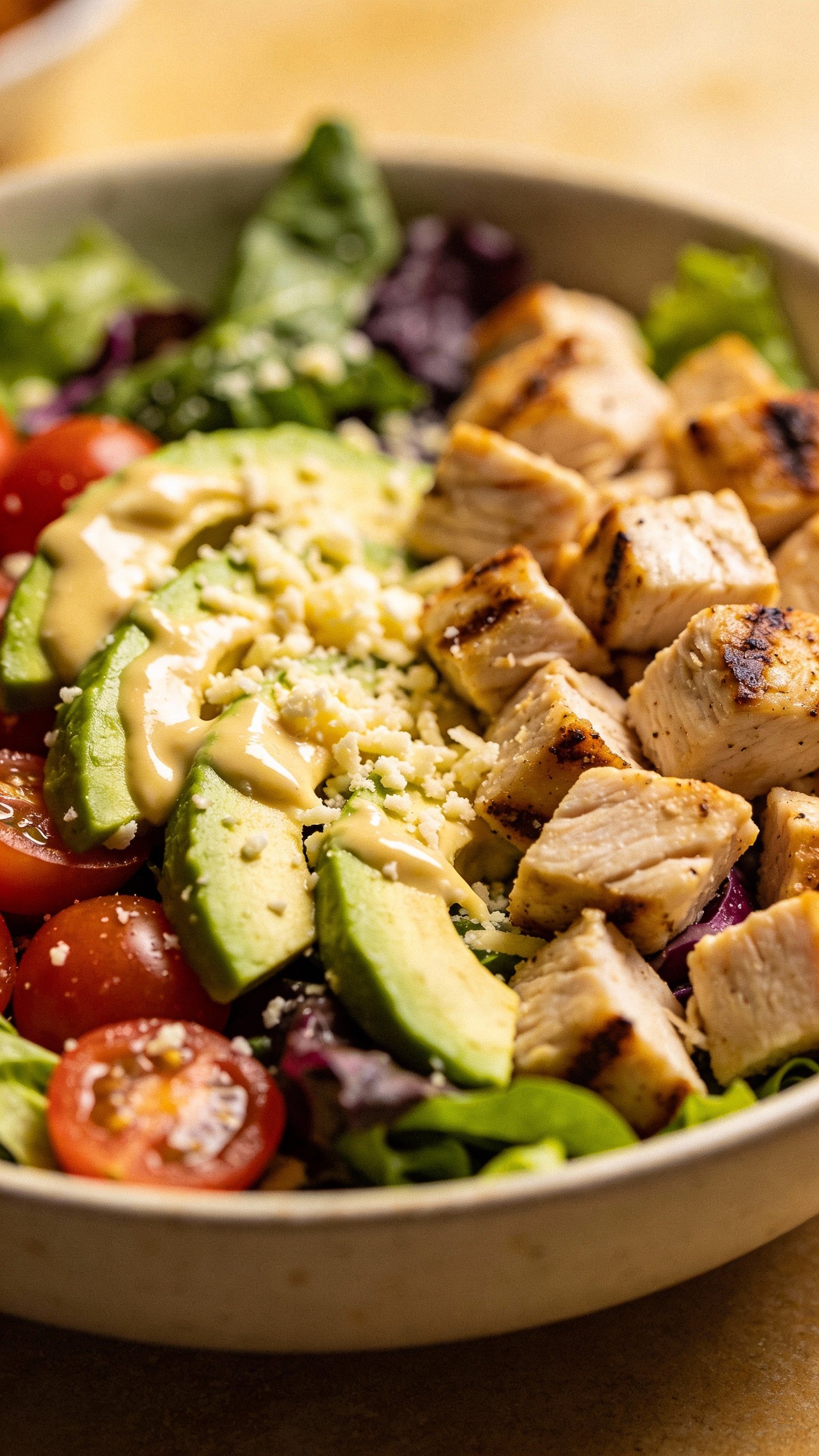 closeup bowl of southwest keto chicken salad with avocado