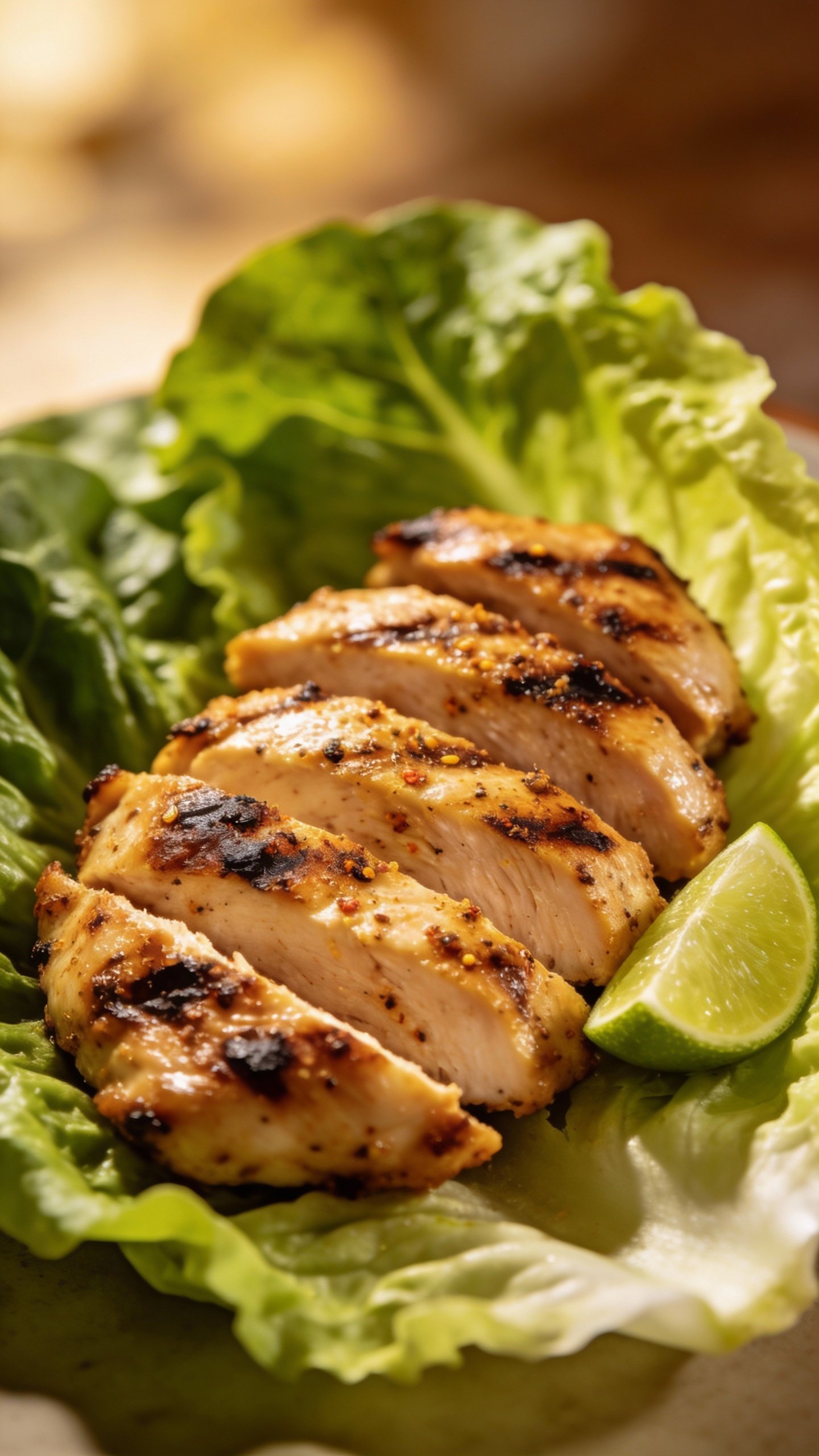 grilled spiced chicken breast slices on romaine with lime wedge