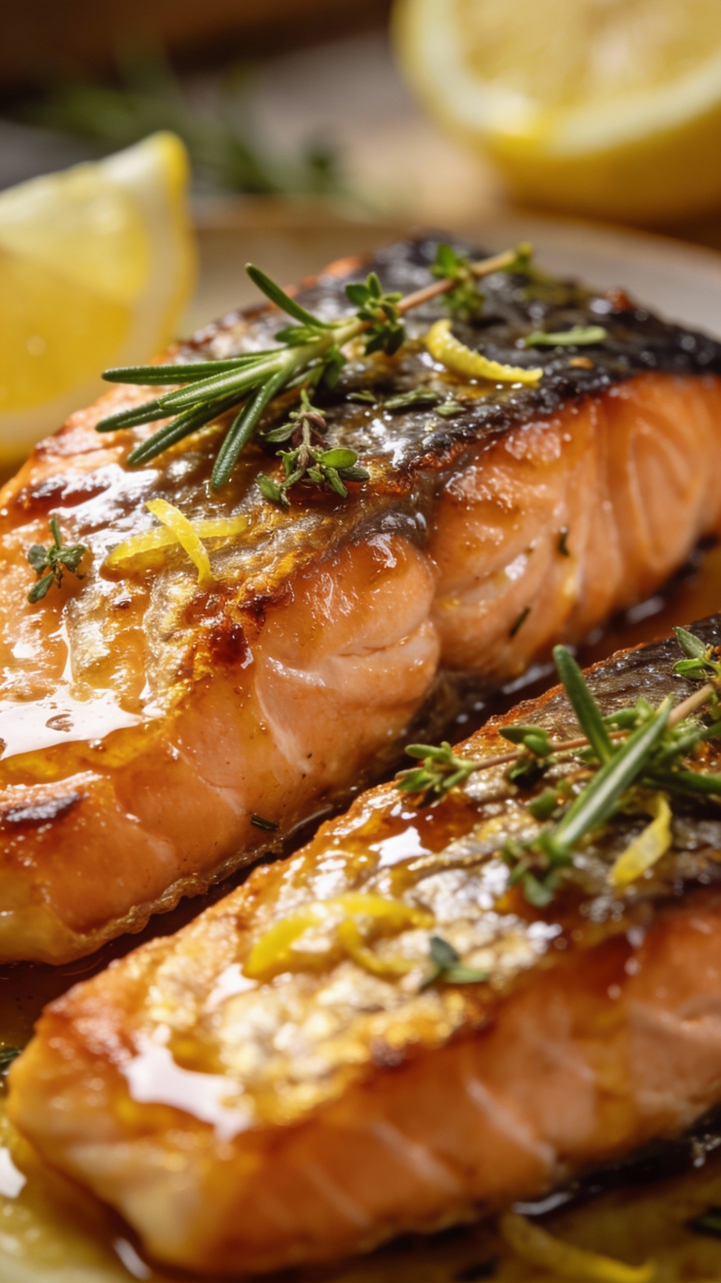 Closeup crispy-skinned salmon fillet with lemon-herb glaze
