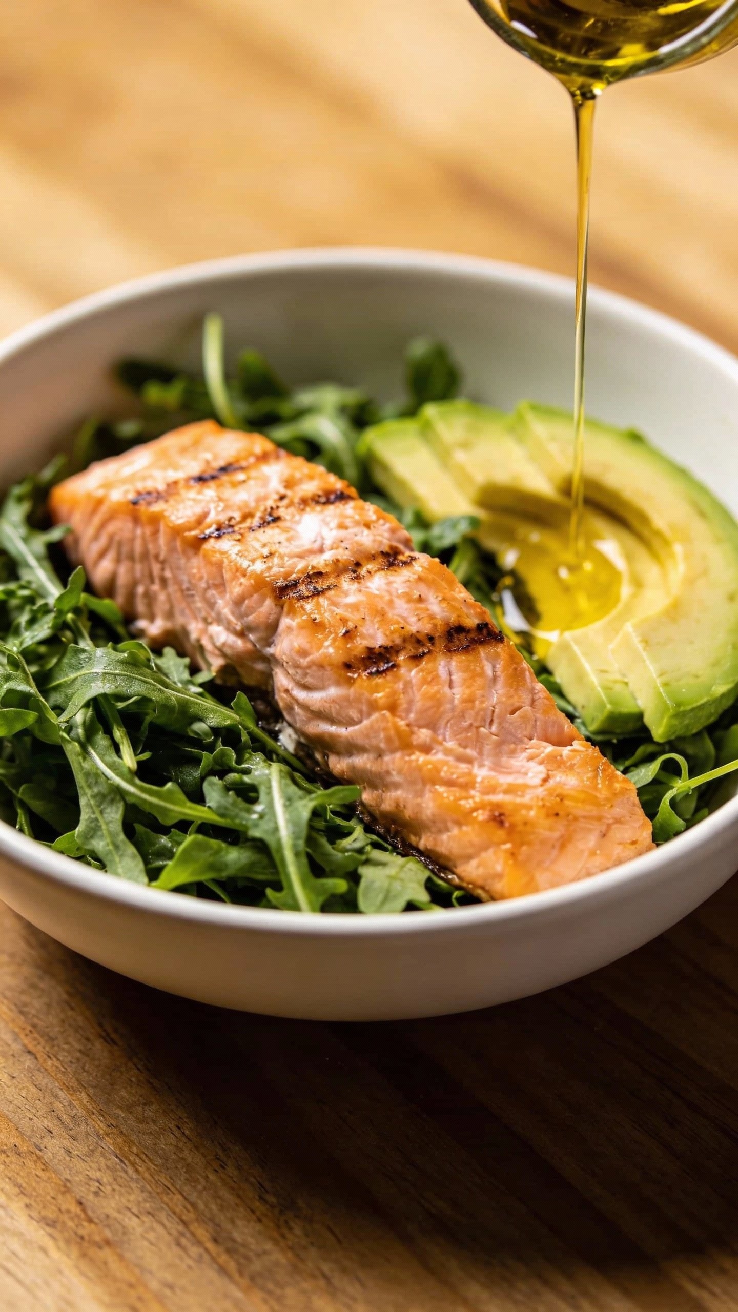 Single bowl keto salmon salad with arugula and avocado