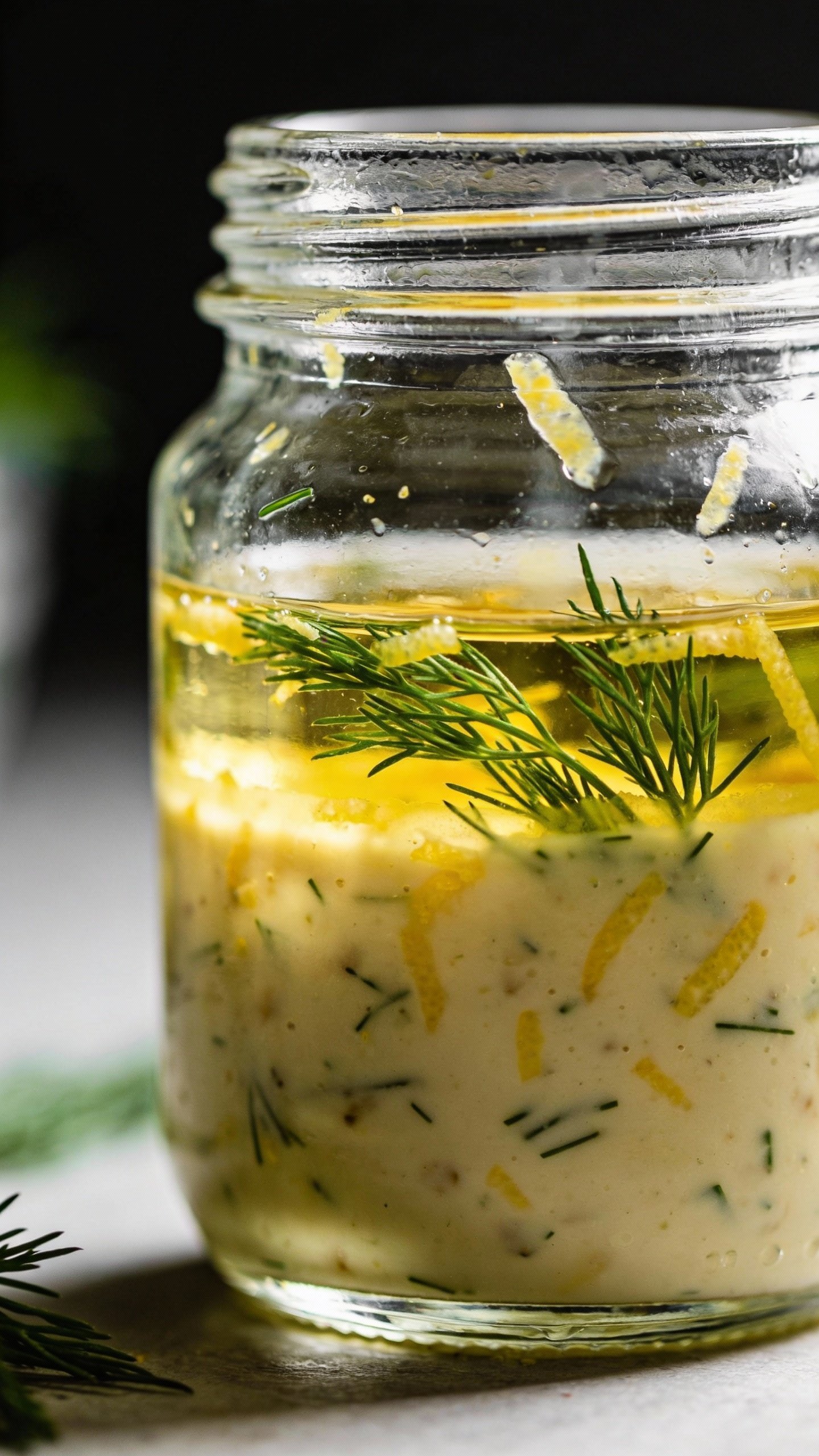 Glass jar lemon-dill dressing, olive oil sheen, studio light