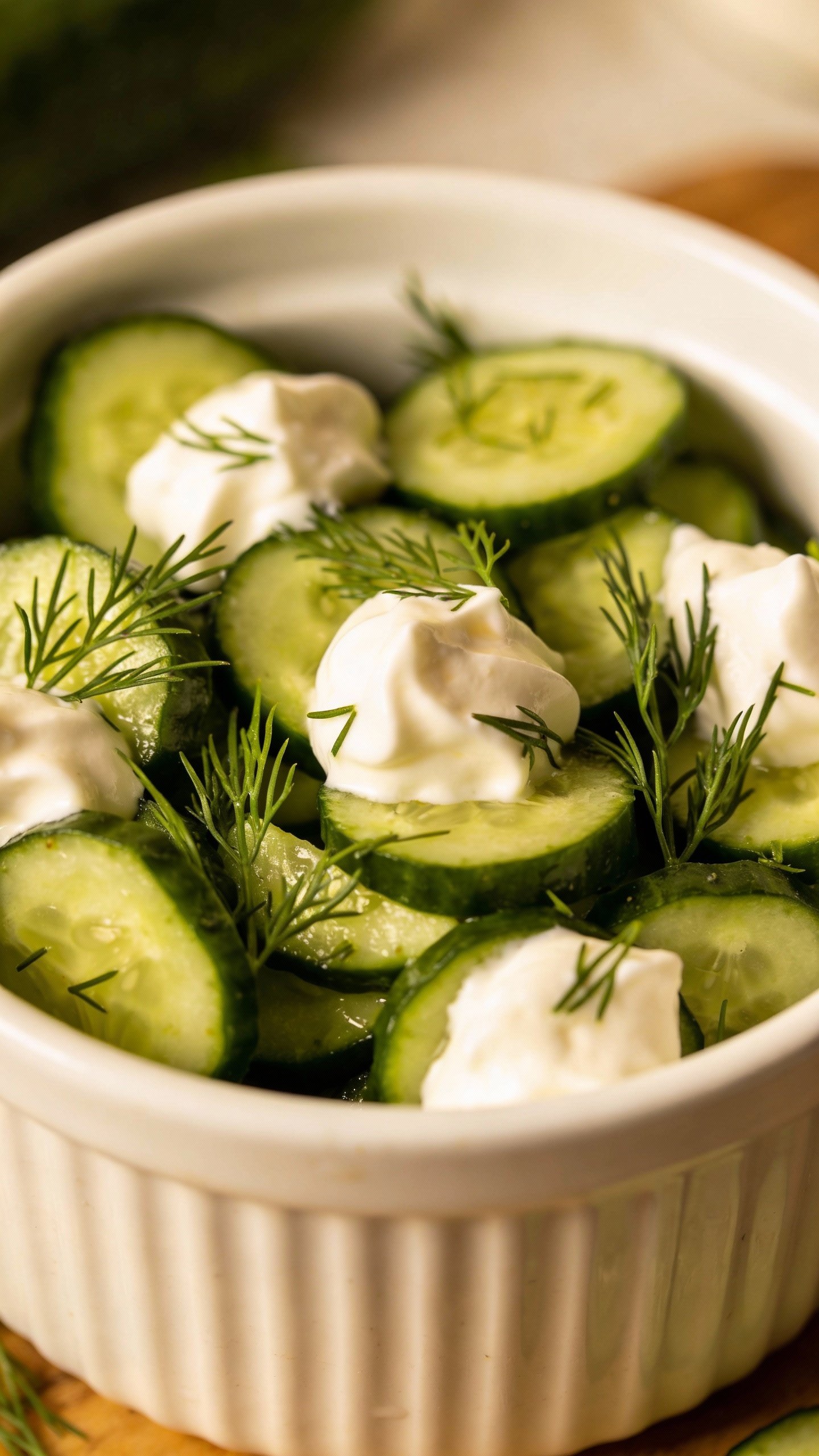 closeup bowl of cucumber keto salad with dill and sour cream