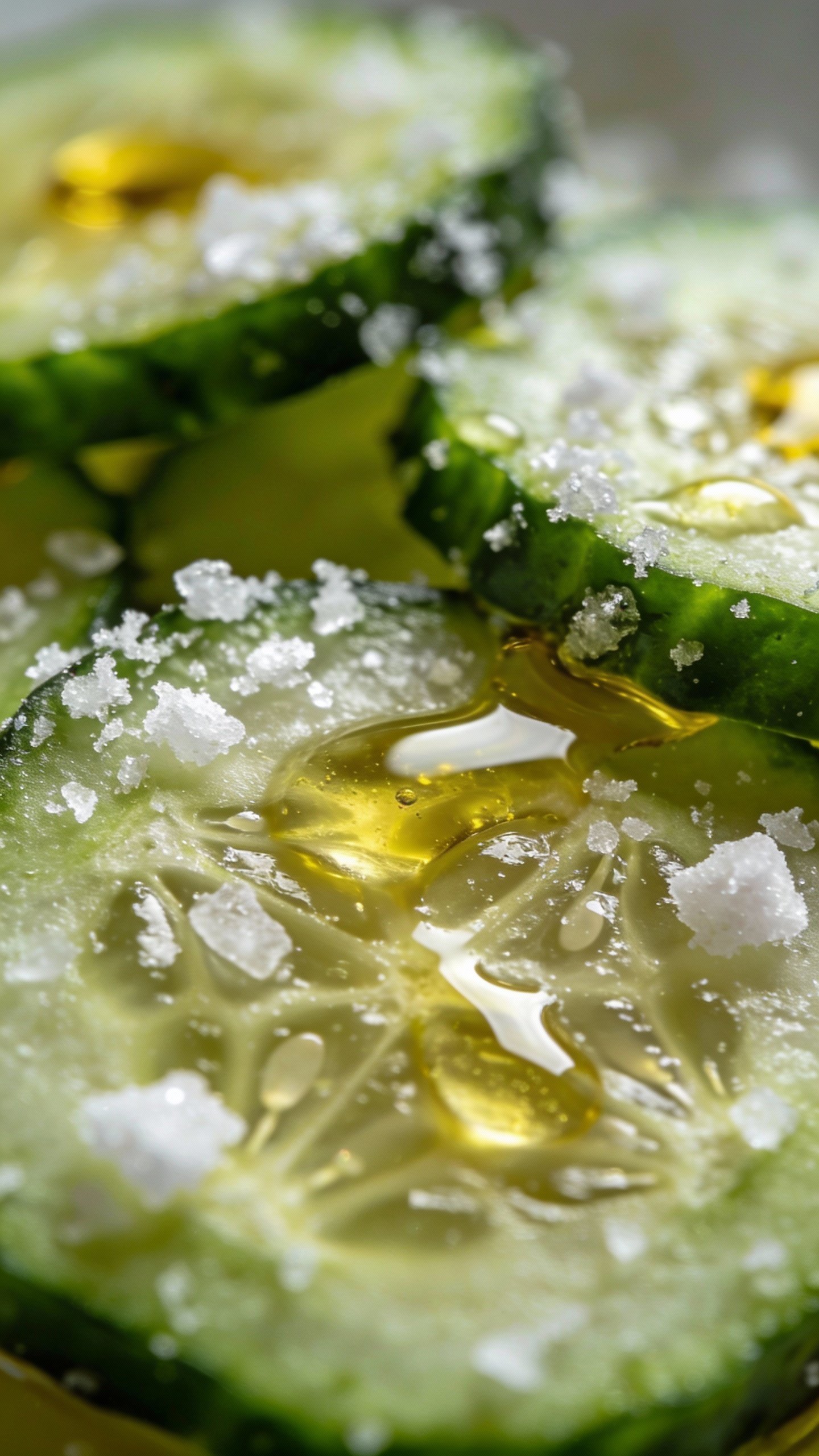 macro shot of sliced cucumber with olive oil and flaky salt
