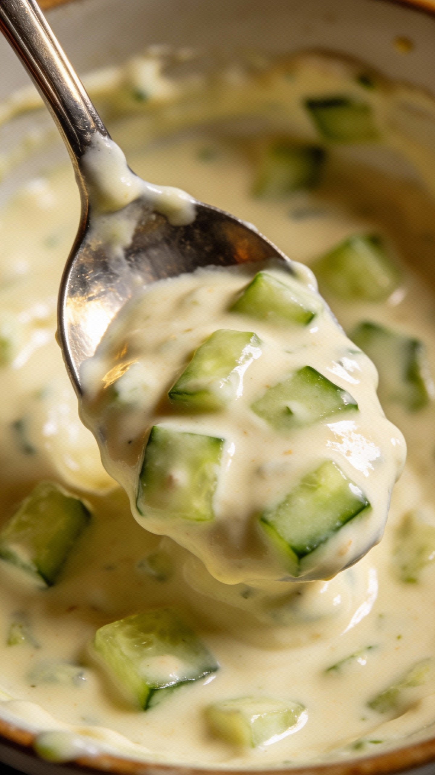 stainless spoon coated in creamy keto cucumber dressing
