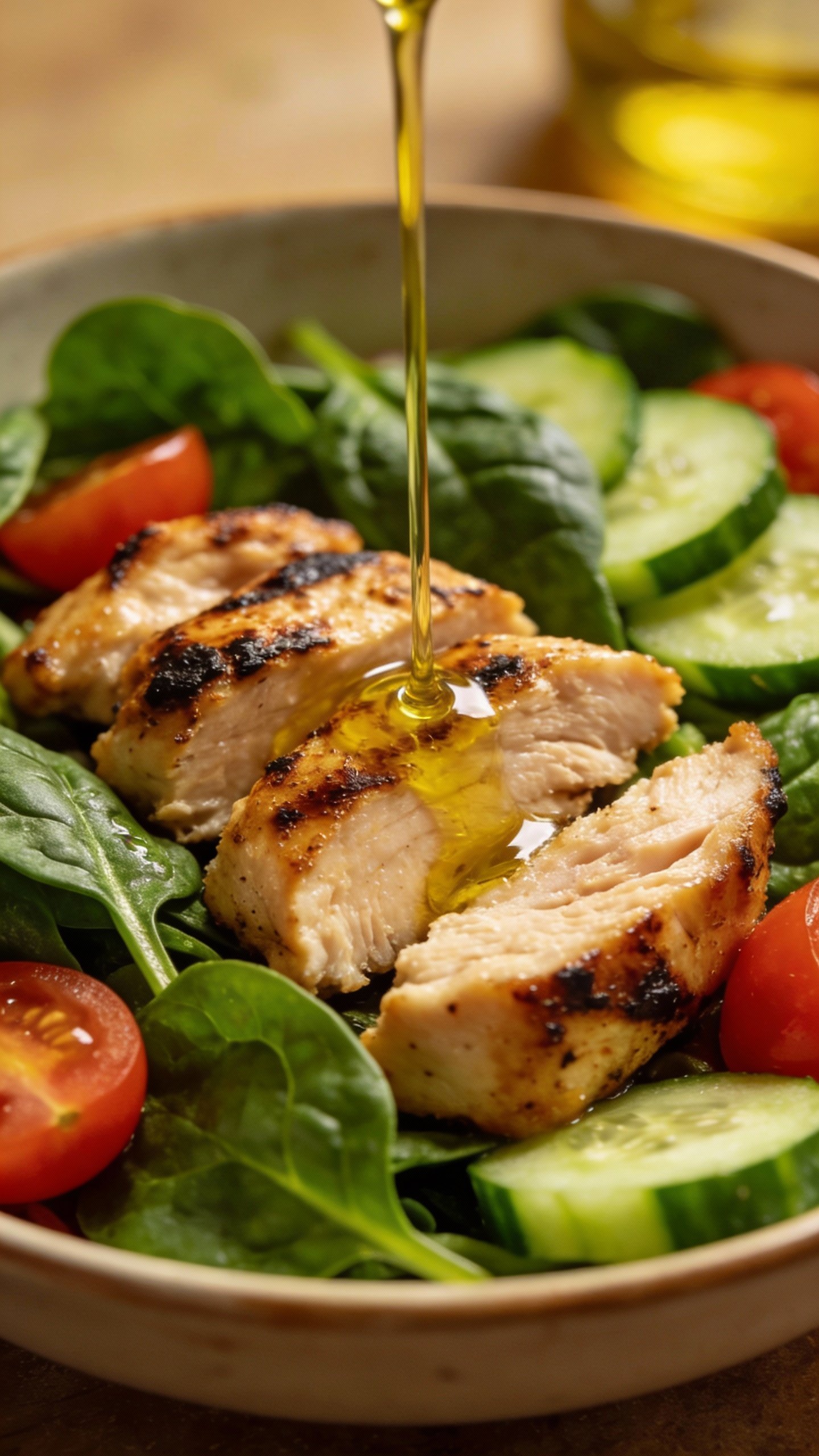 closeup bowl of spinach keto salad with grilled chicken