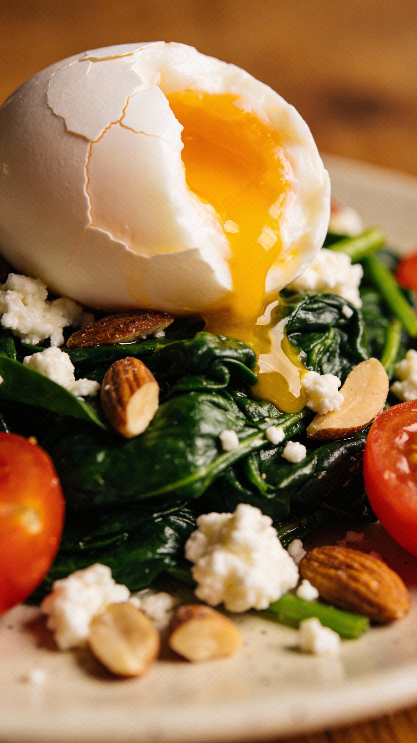 closeup soft-boiled egg on spinach keto salad