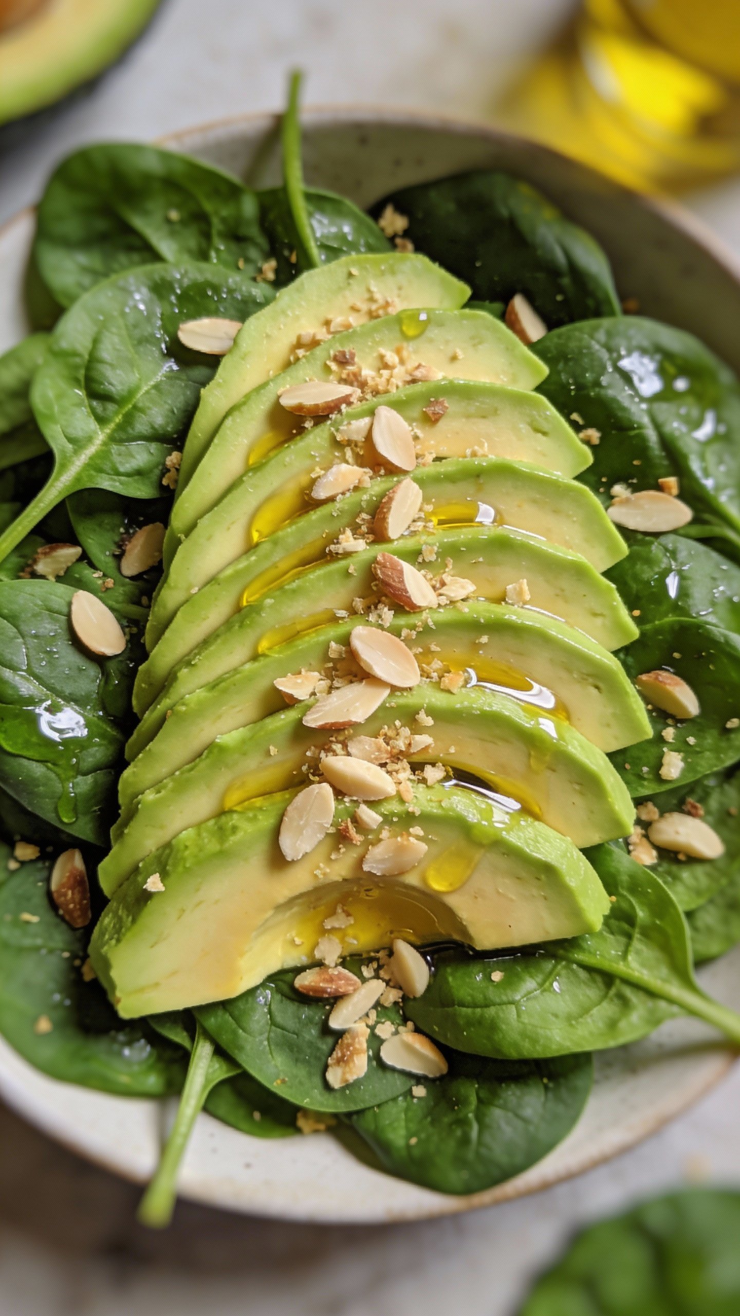avocado fan on spinach keto salad, overhead closeup