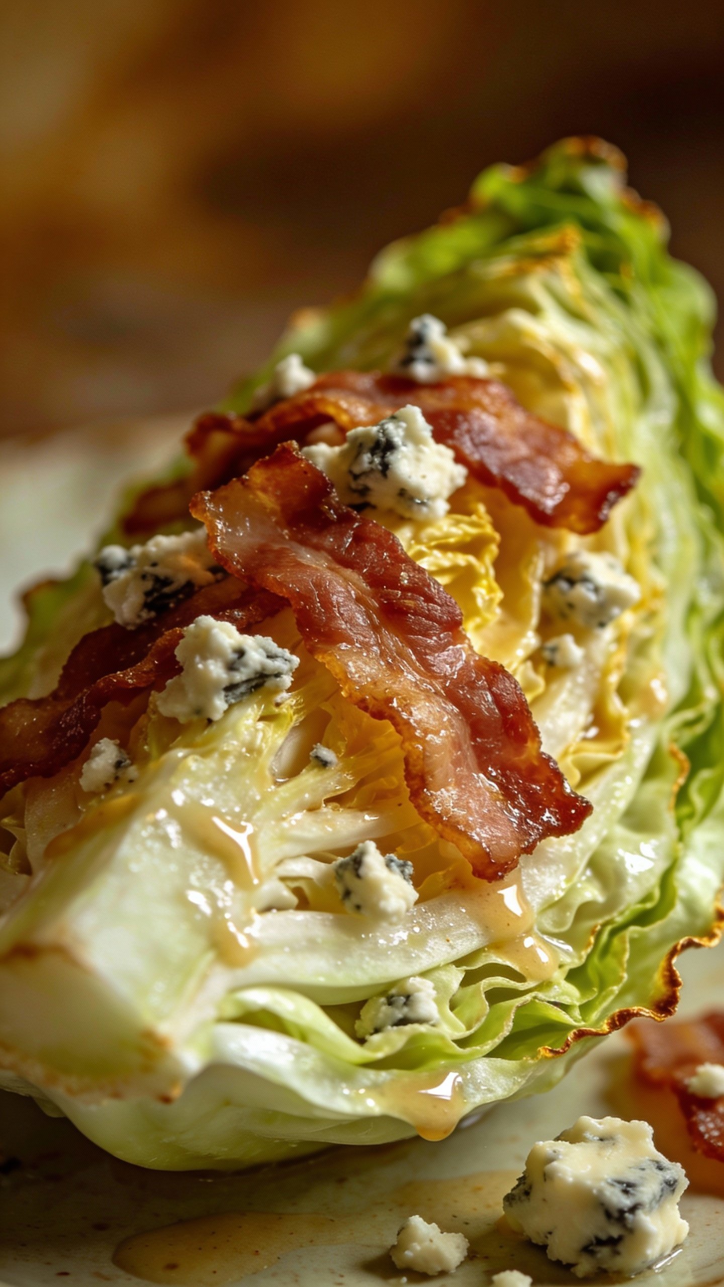 closeup wedge salad with bacon and blue cheese crumbles