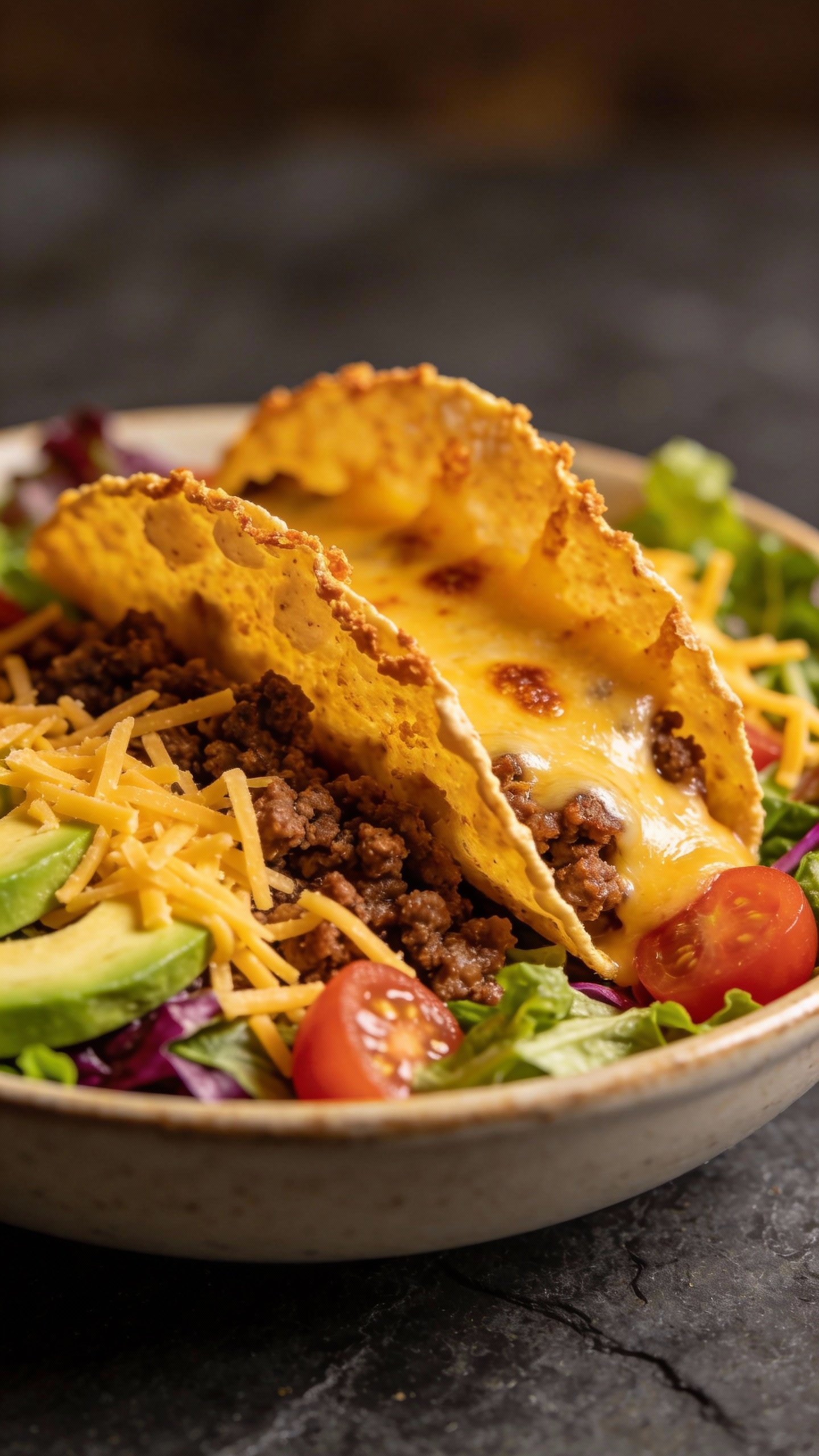 closeup bowl of cheesy taco keto salad on slate background
