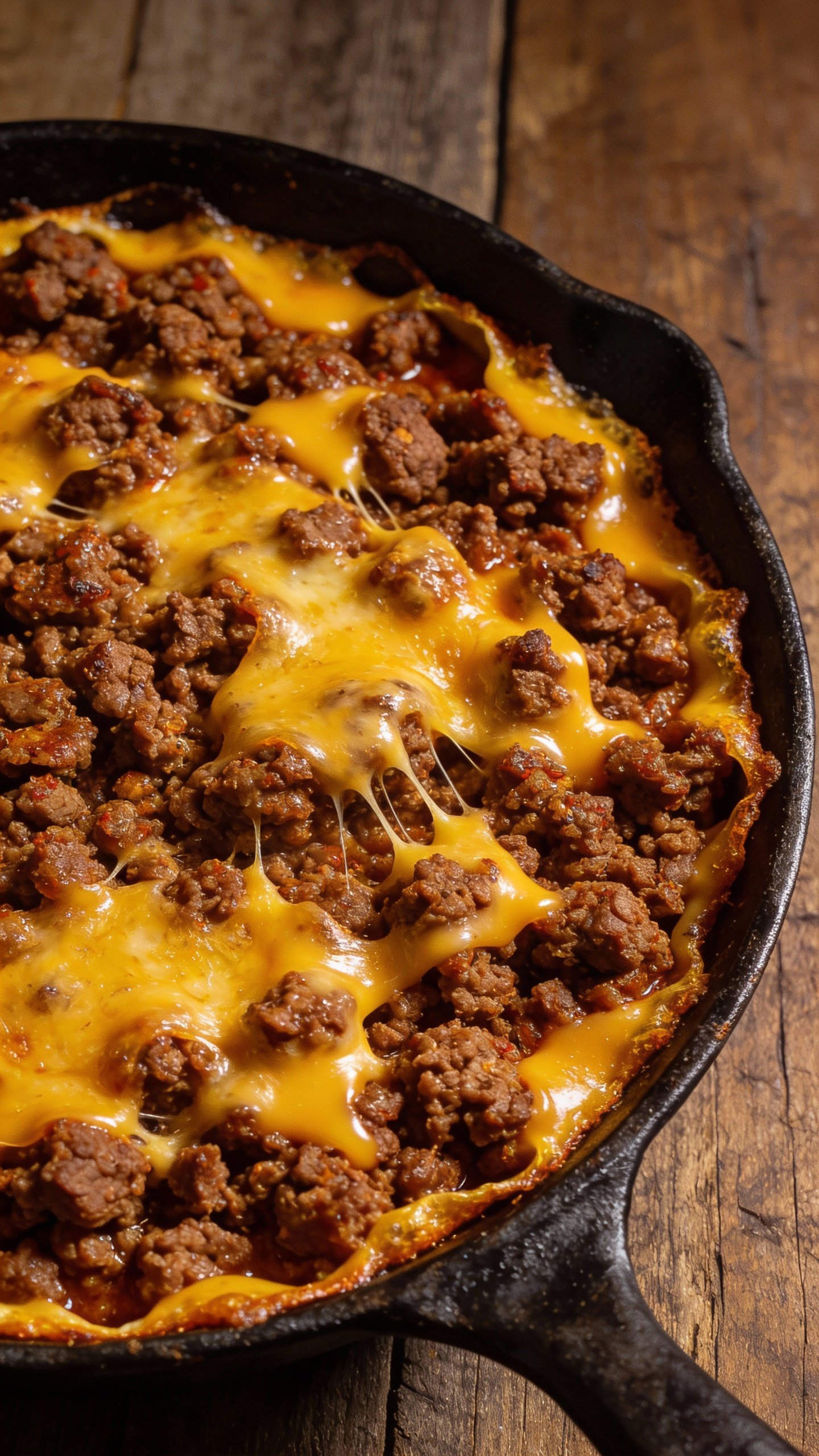 skillet of spicy browned ground beef with melted cheddar, overhead