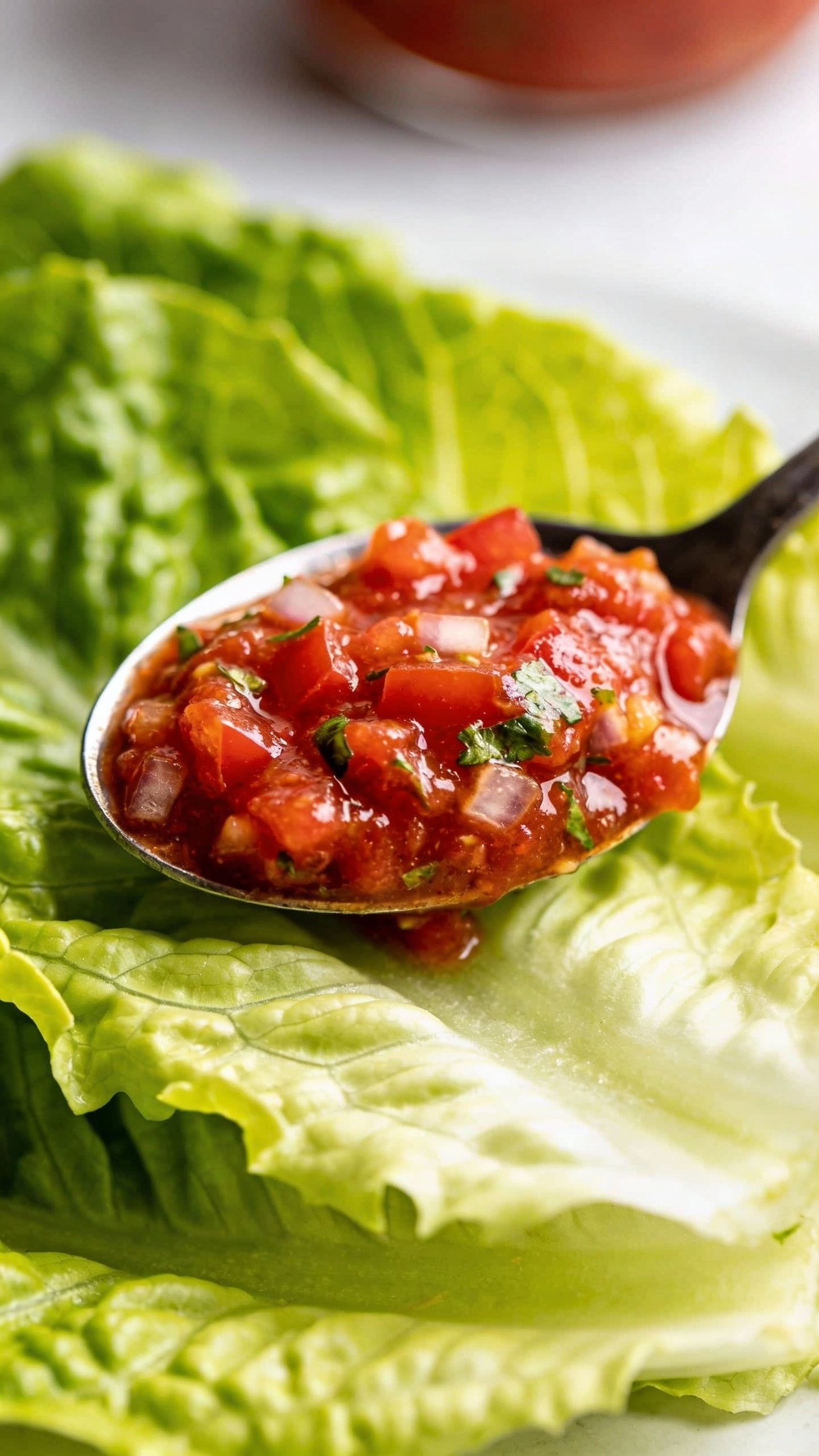 spoonful of chunky low-sugar salsa over crisp romaine, macro shot