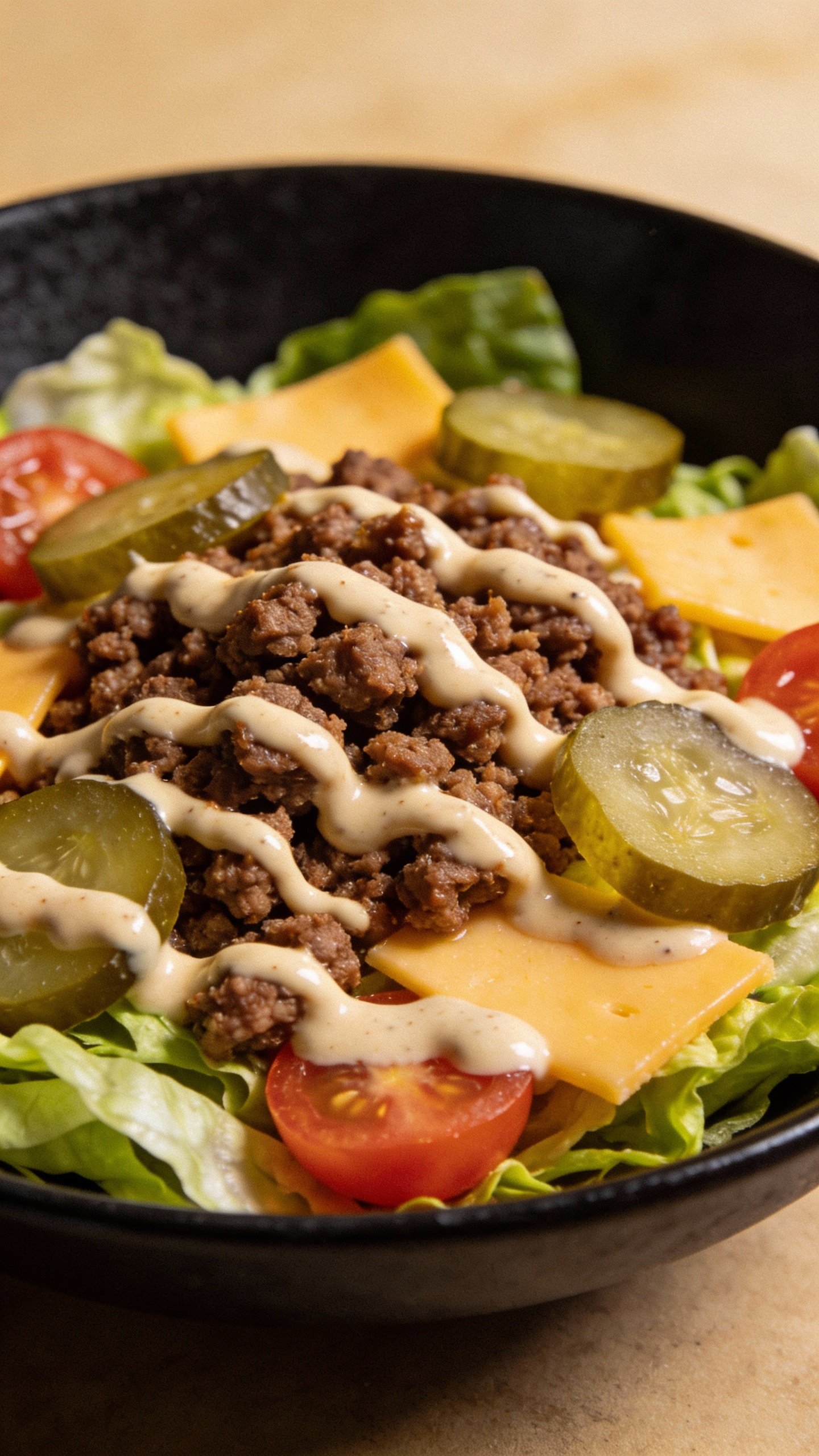 closeup Big Mac keto salad in matte black bowl