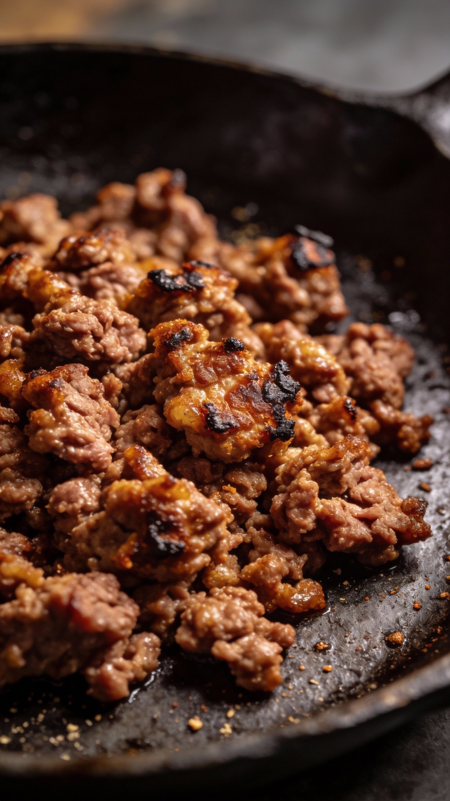 seared ground beef crumbles on cast-iron skillet, closeup