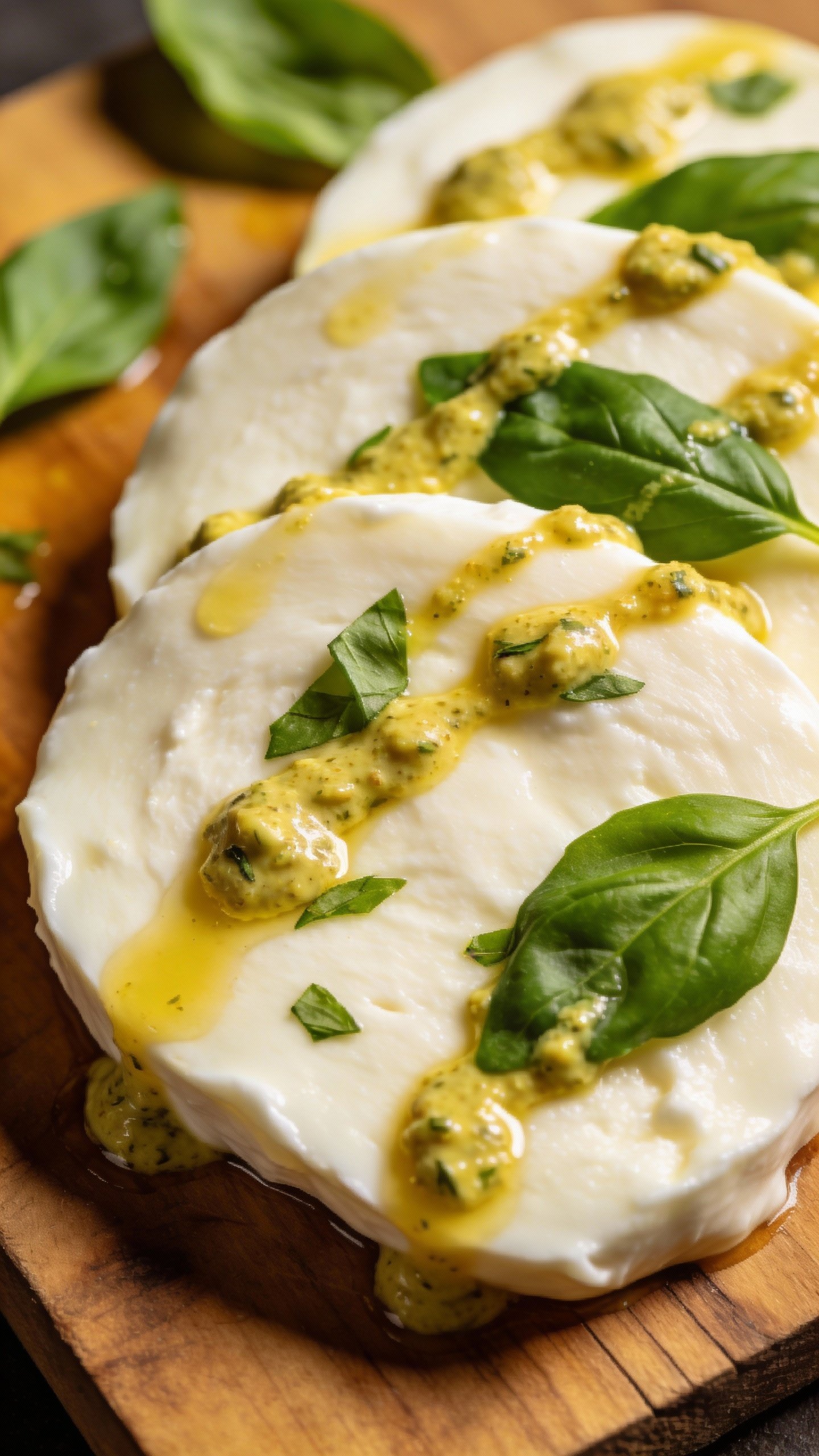 basil-drizzled fresh mozzarella slice with keto pesto