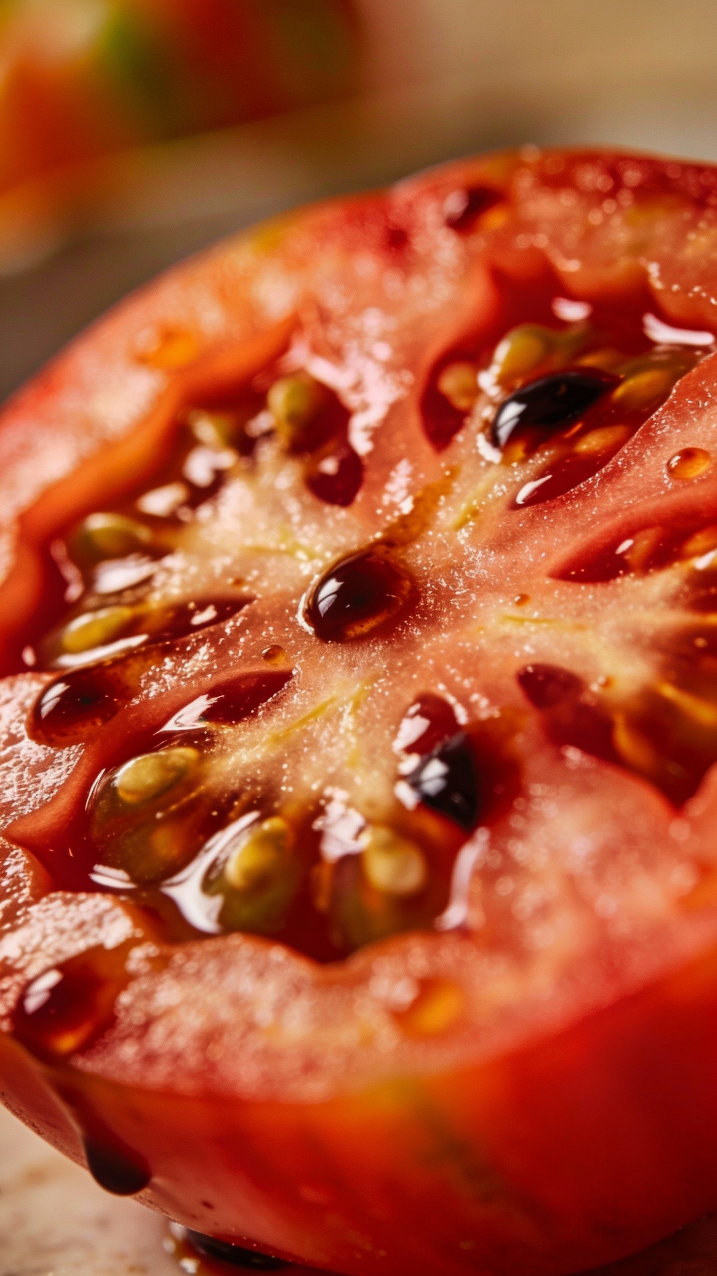 ripe heirloom tomato slice with balsamic beads closeup