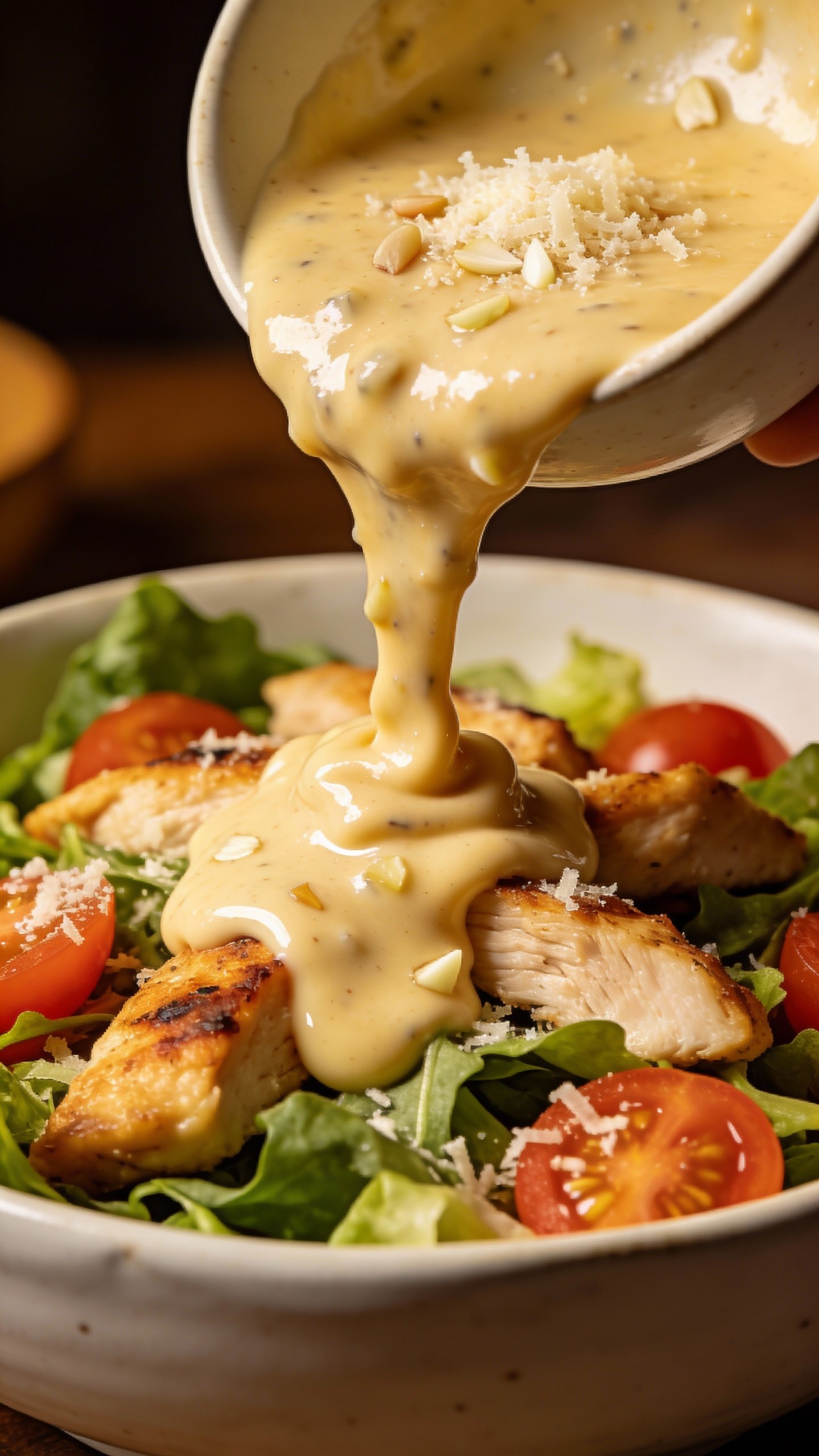 closeup bowl of creamy garlic parmesan keto salad