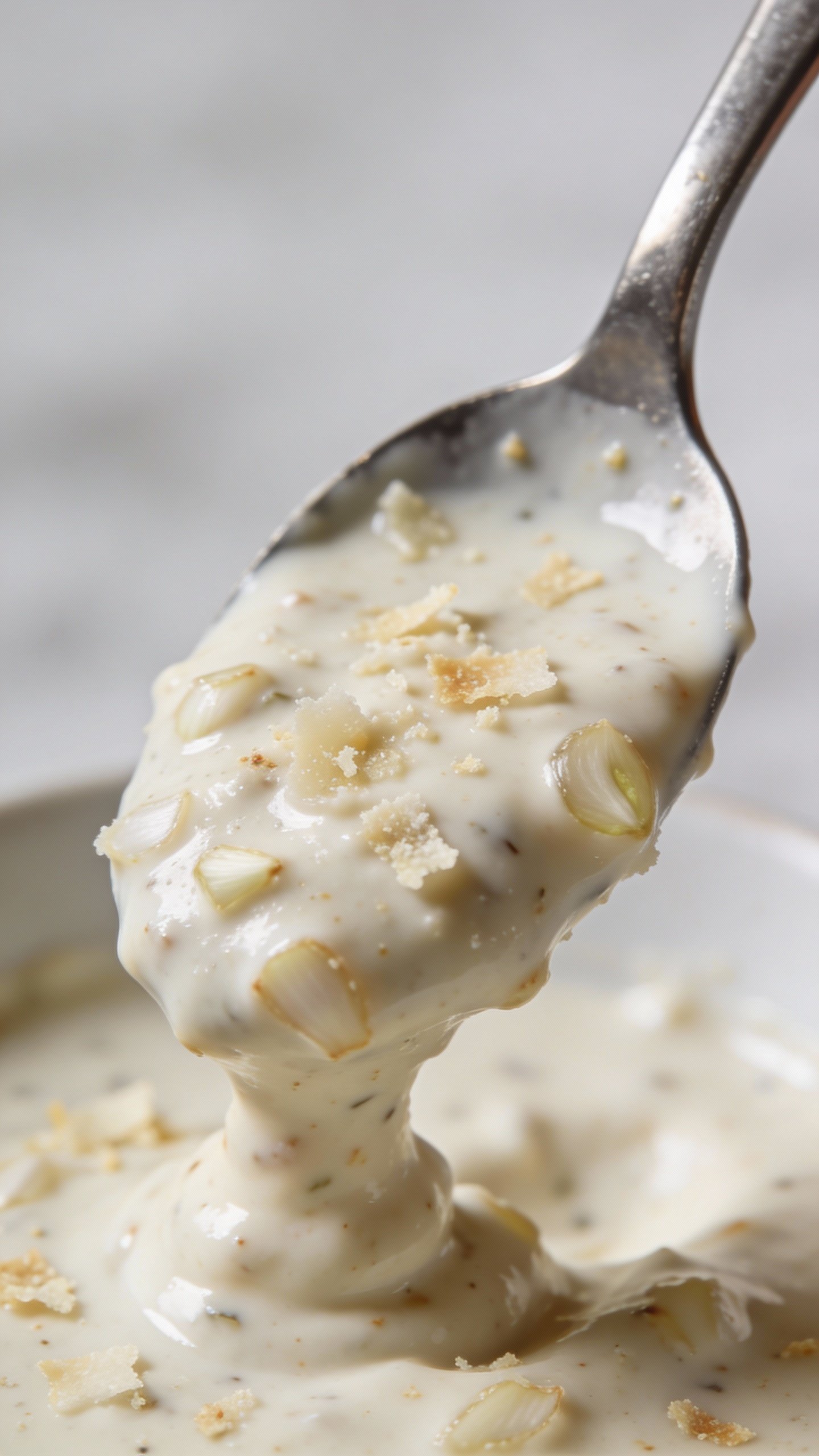 spoonful of thick garlic parmesan dressing, studio lighting