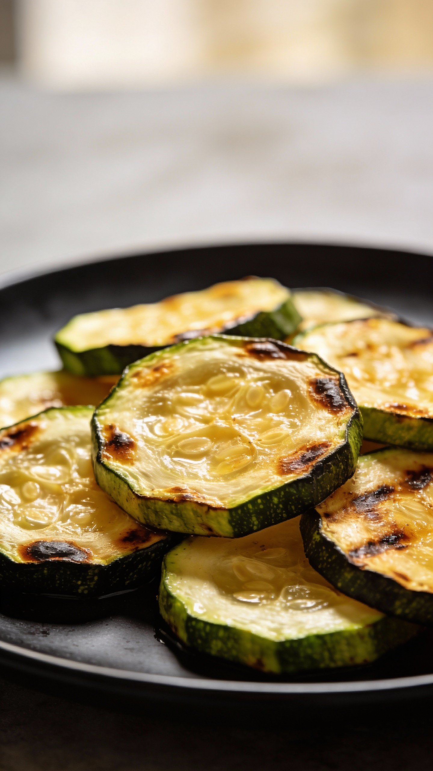 closeup of roasted zucchini slices on matte black plate