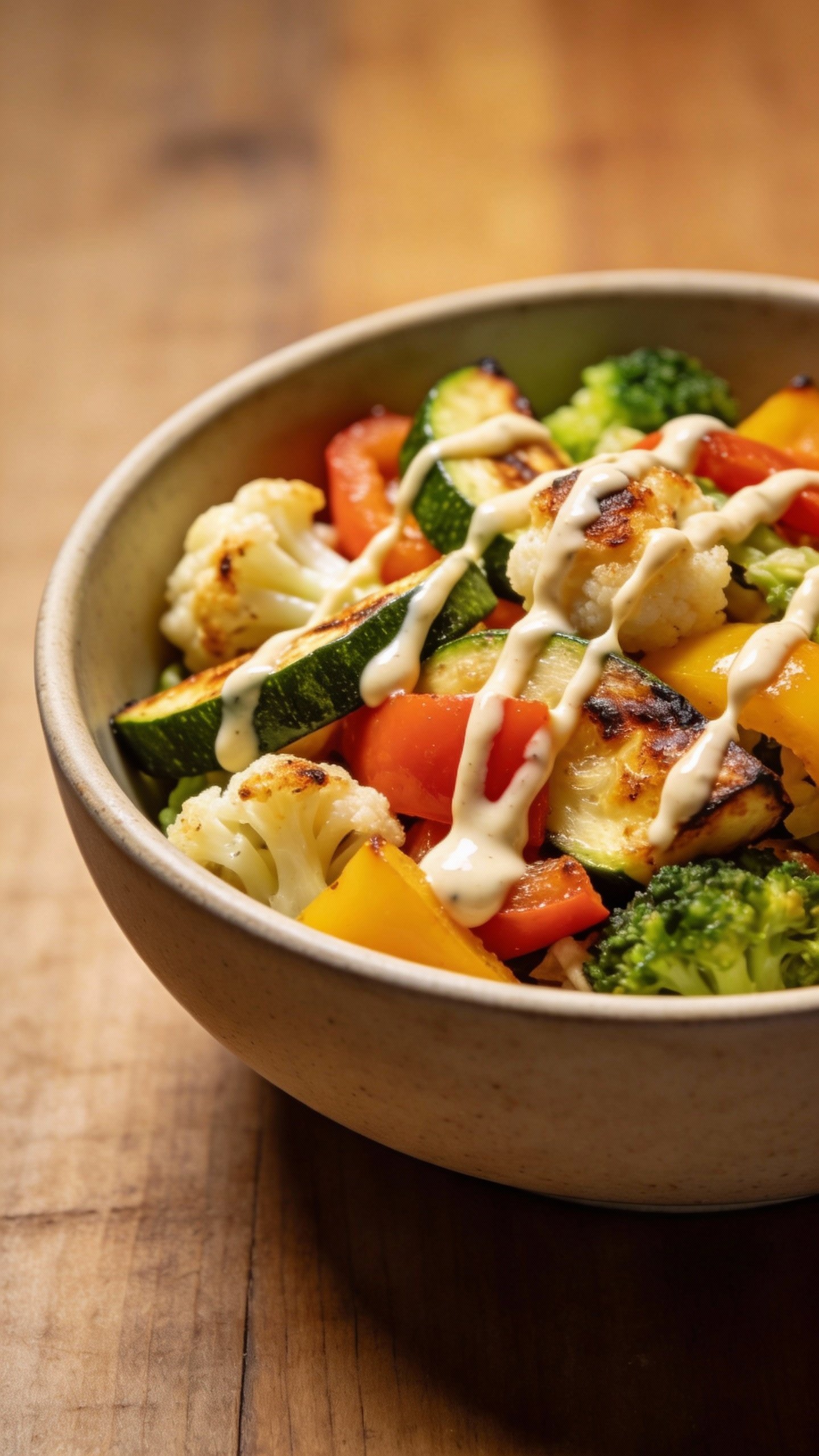 single bowl of keto roasted veggie salad, creamy dressing drizzle
