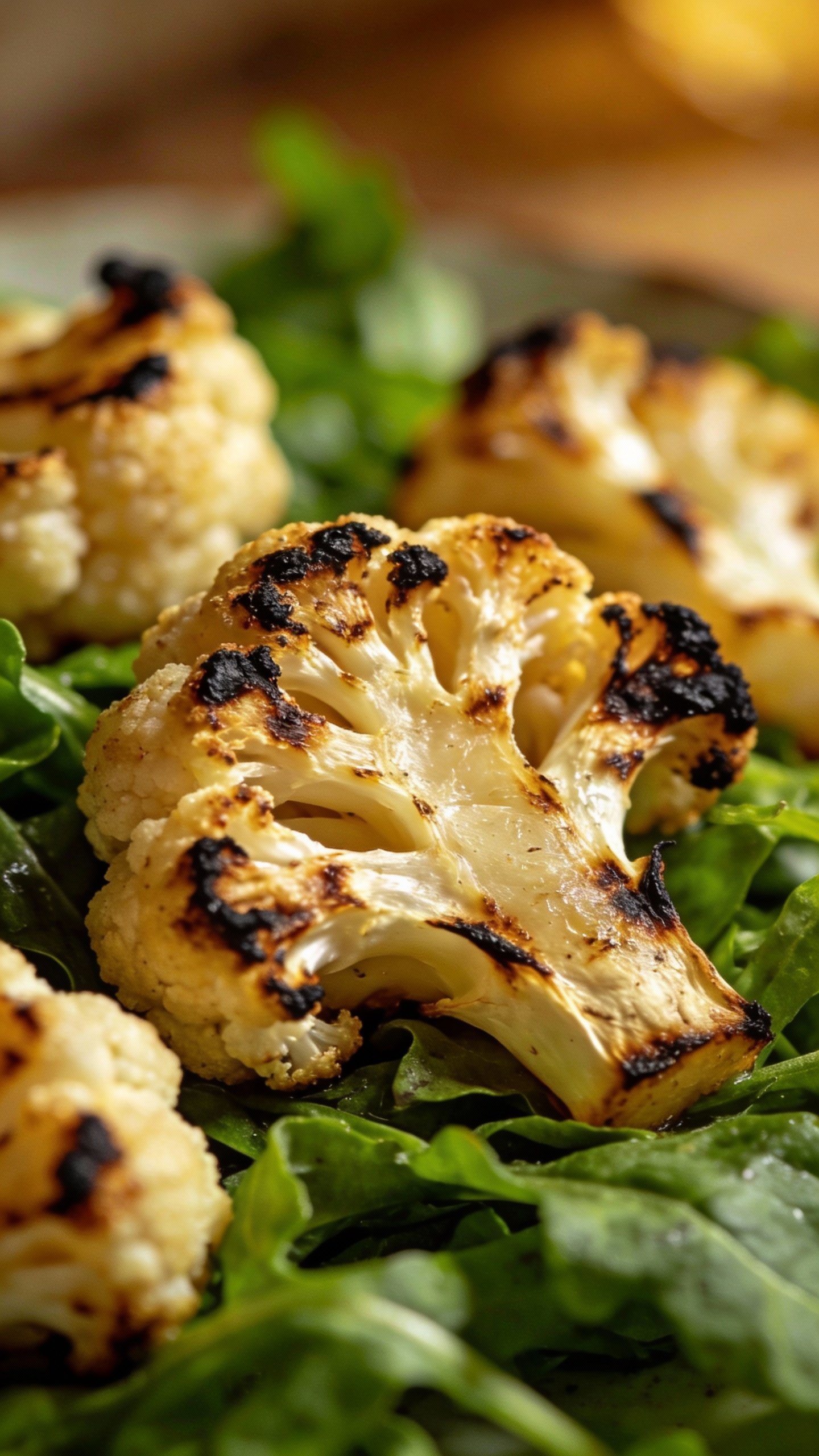 charred cauliflower florets on greens, shallow depth of field