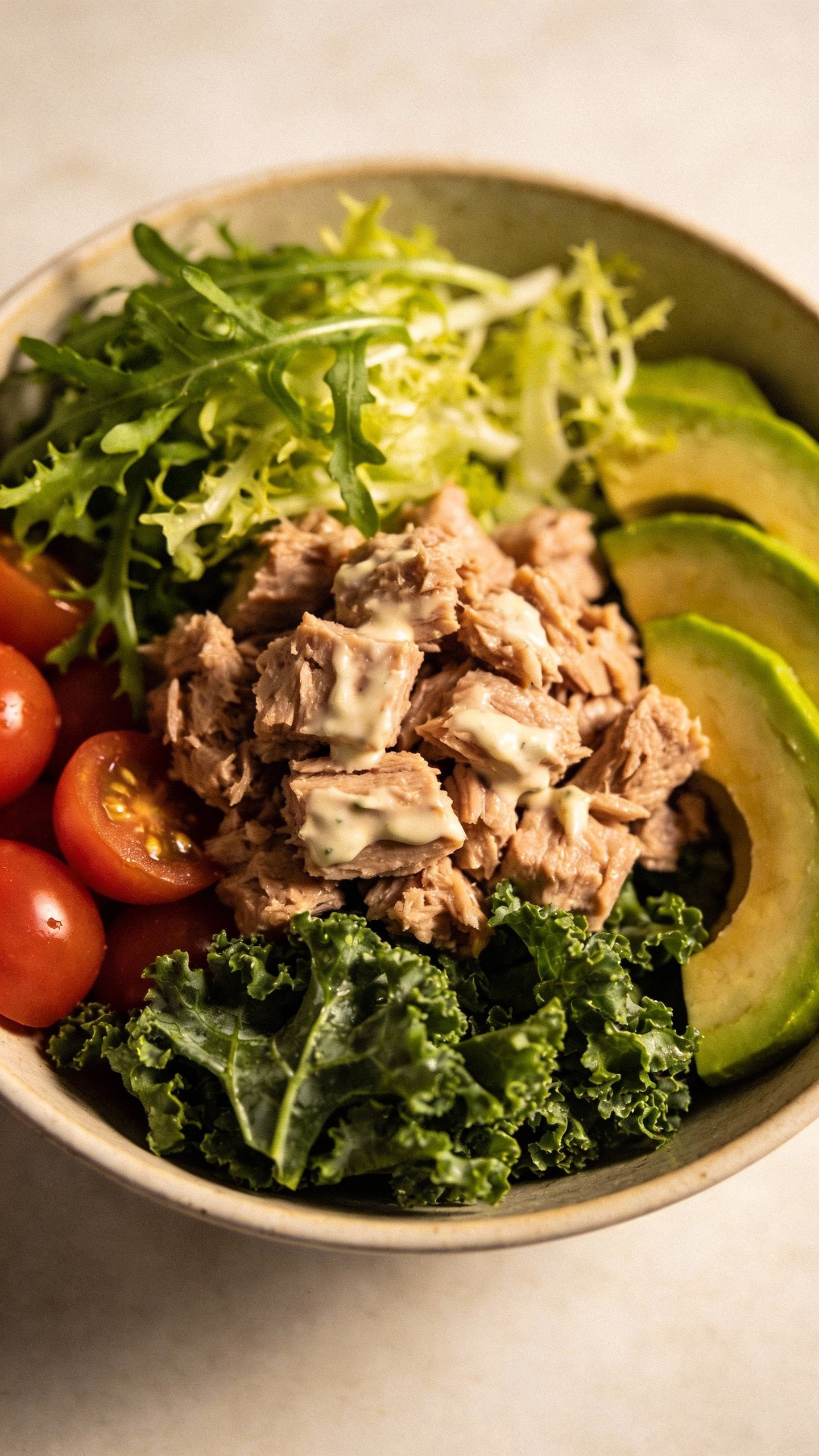 closeup keto tuna salad bowl with crunchy greens, overhead