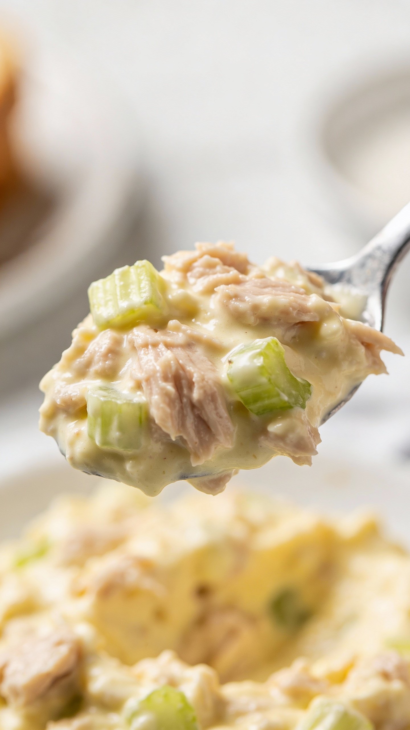 spoonful of creamy tuna mayo with celery, macro shot