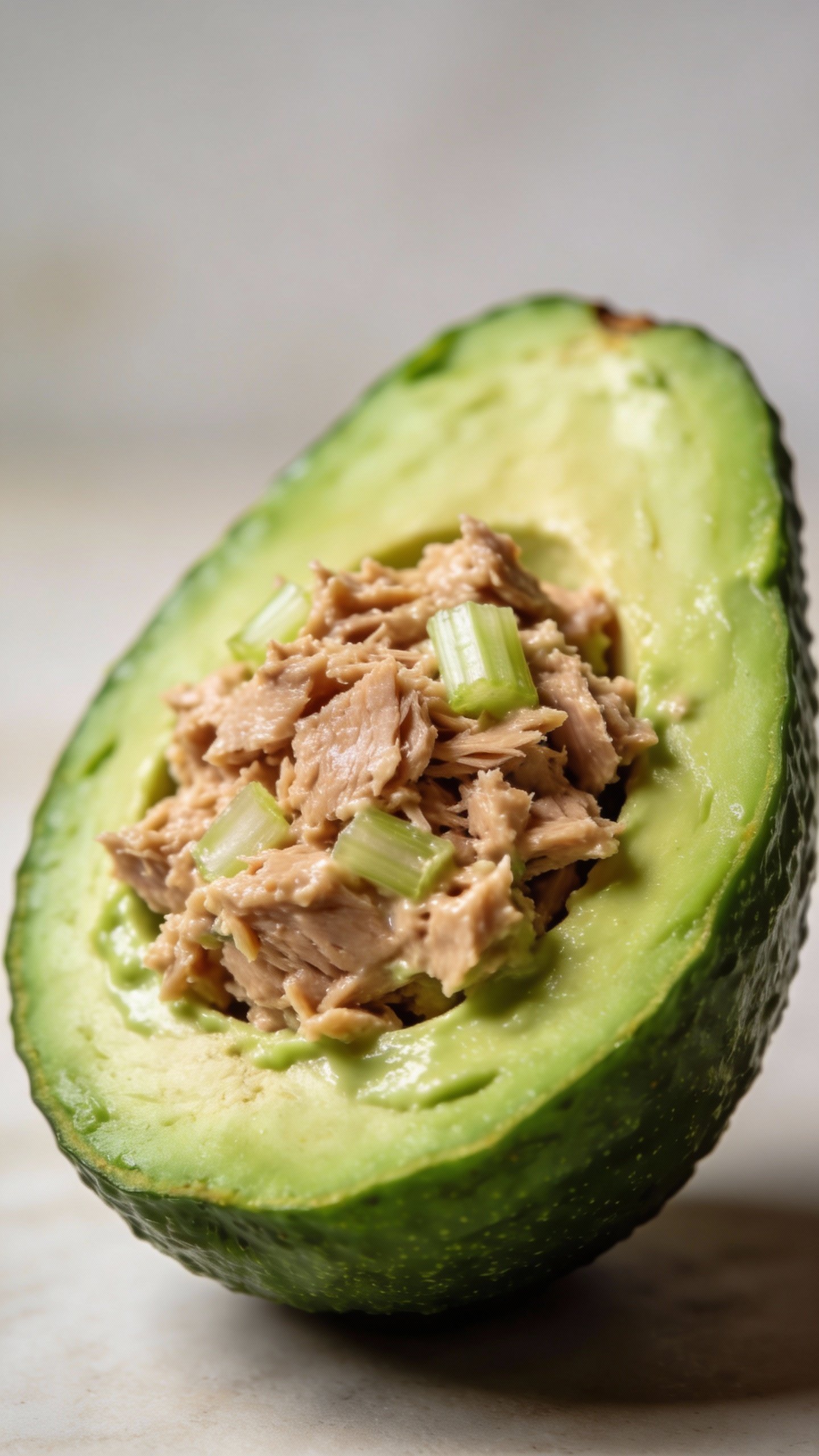 halved avocado filled with tuna salad, studio lighting