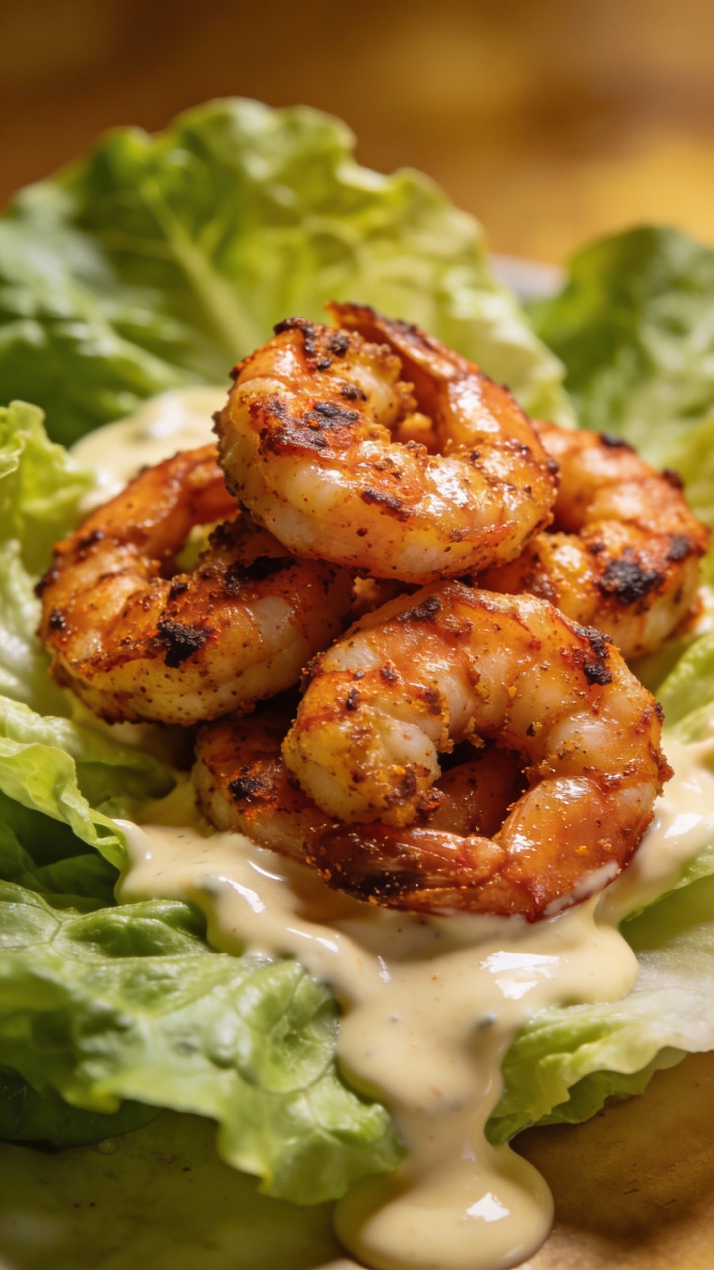 closeup Cajun shrimp on romaine with creamy keto dressing