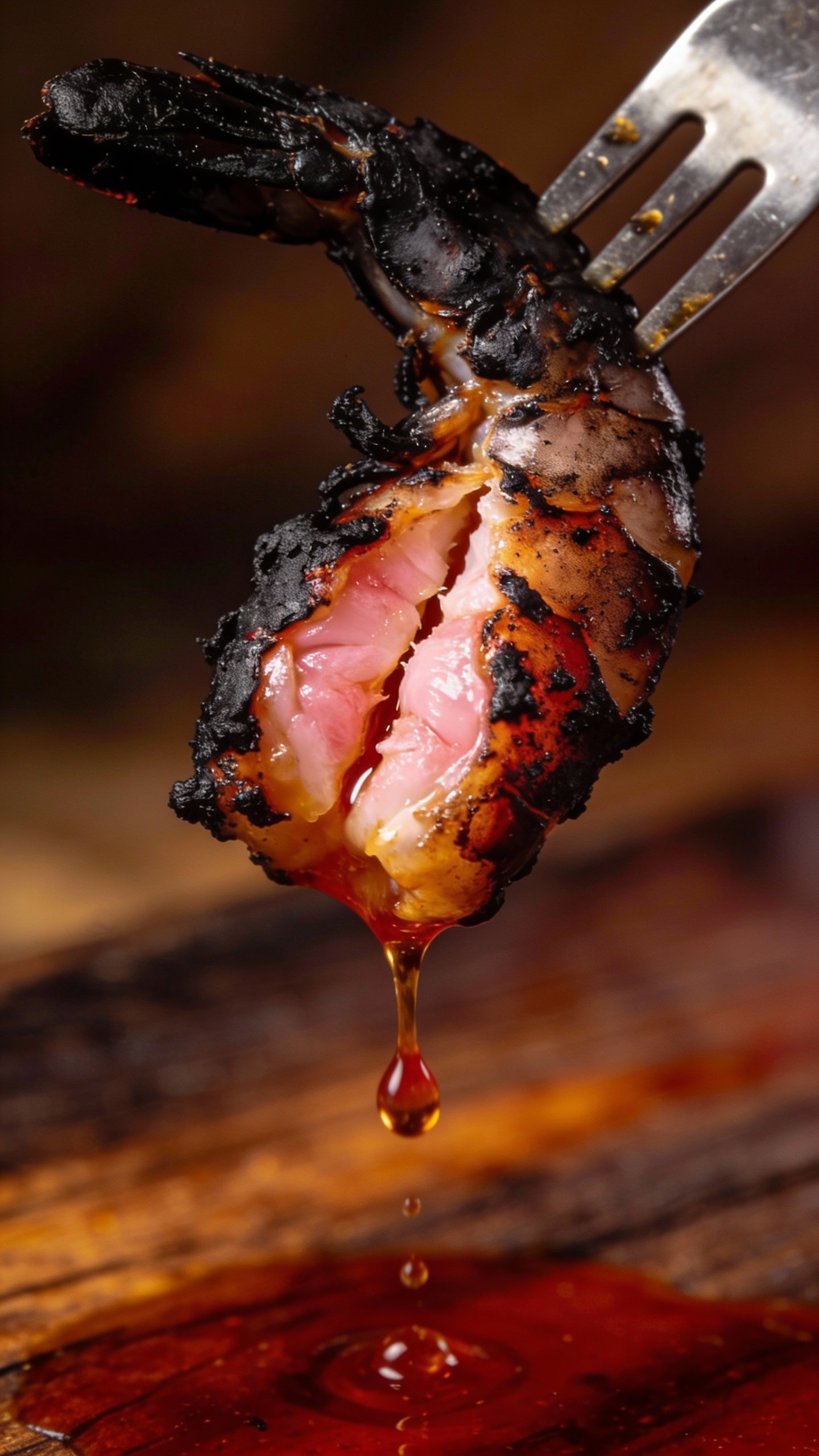 single blackened shrimp on fork, dripping tangy sauce