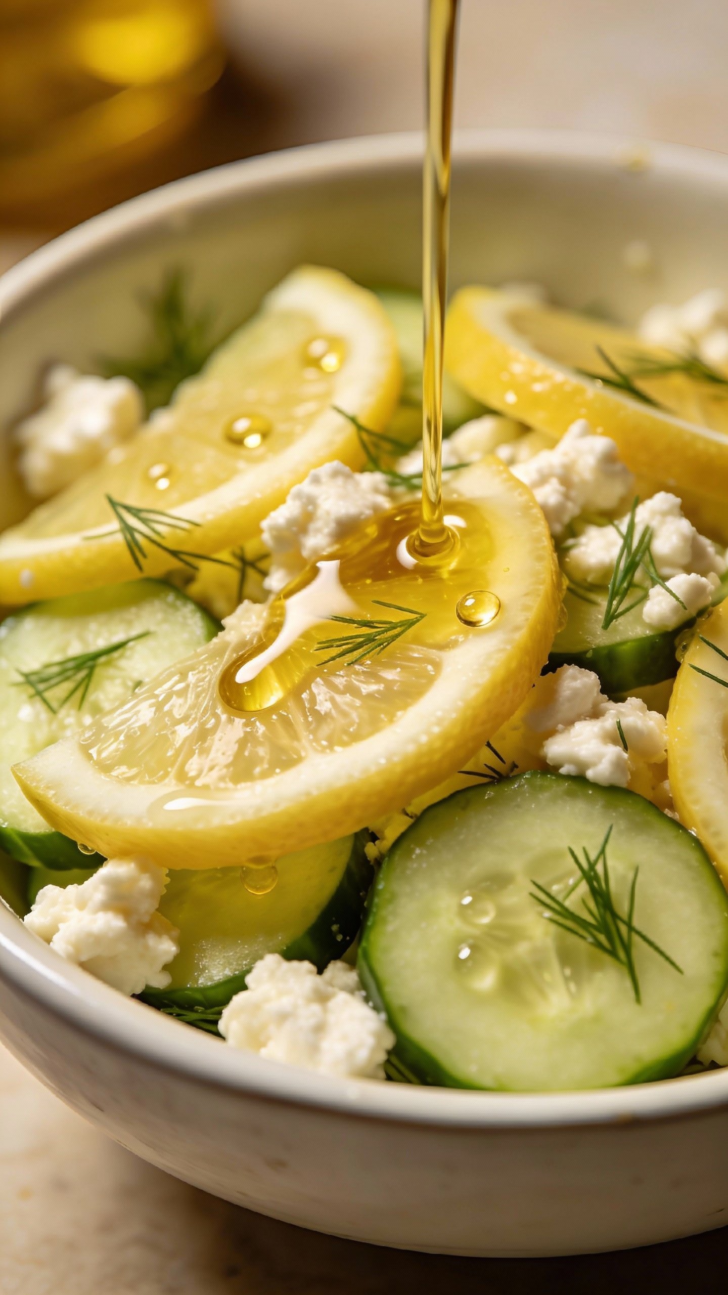 Closeup lemon cucumber keto salad in white ceramic bowl