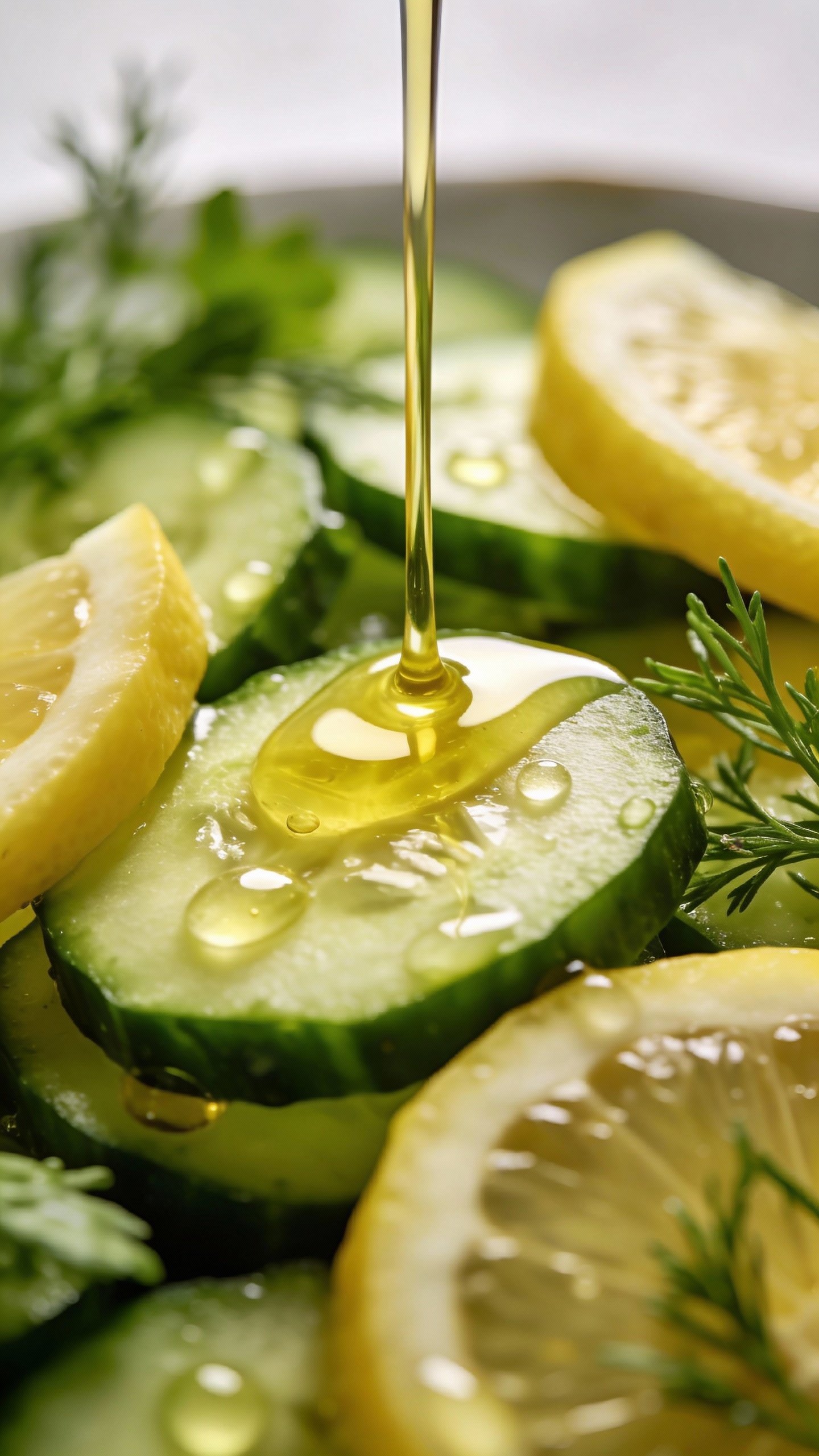Drizzling olive oil over lemon cucumber salad, macro shot