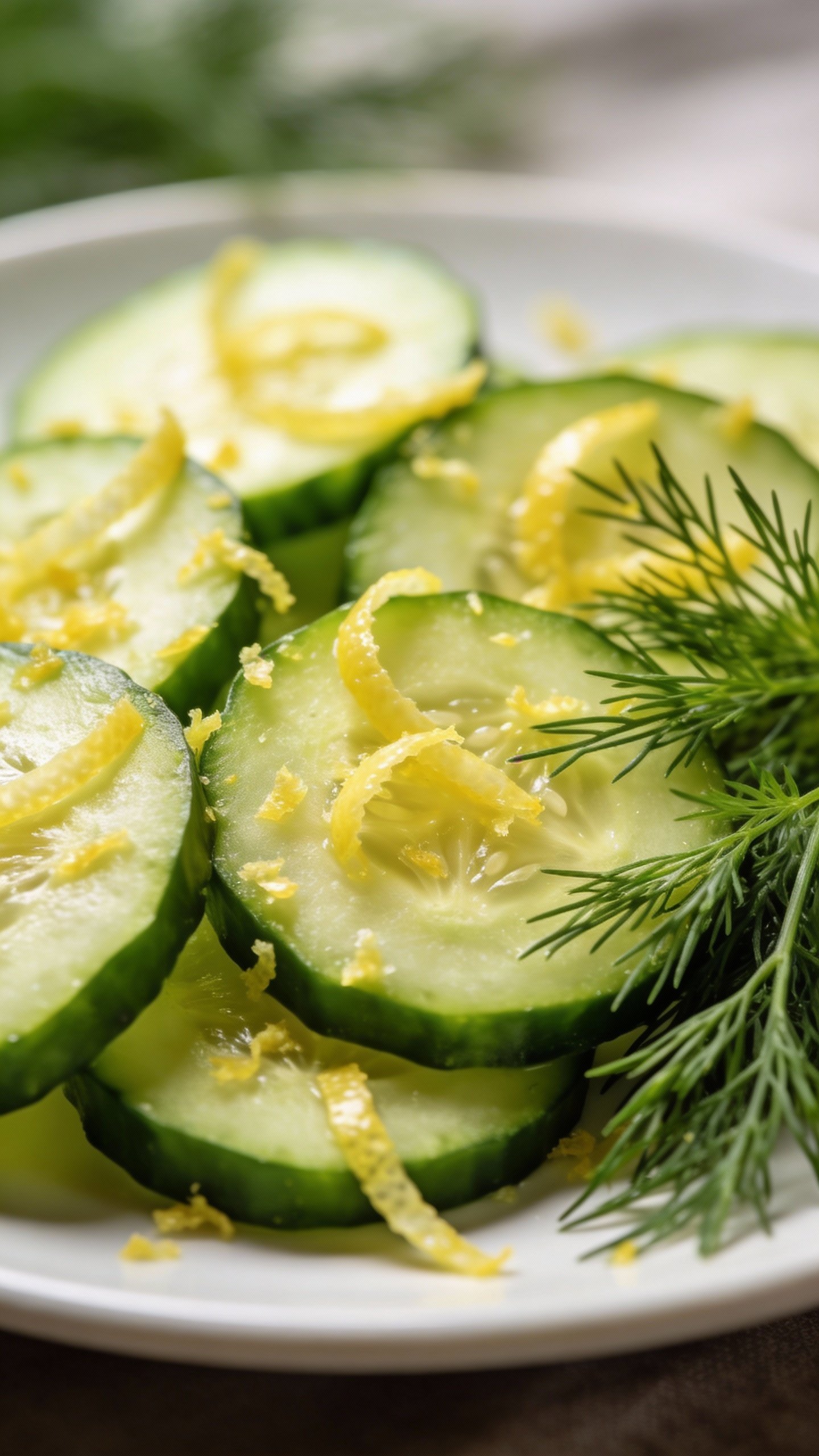 Sliced cucumbers with lemon zest and dill, shallow depth
