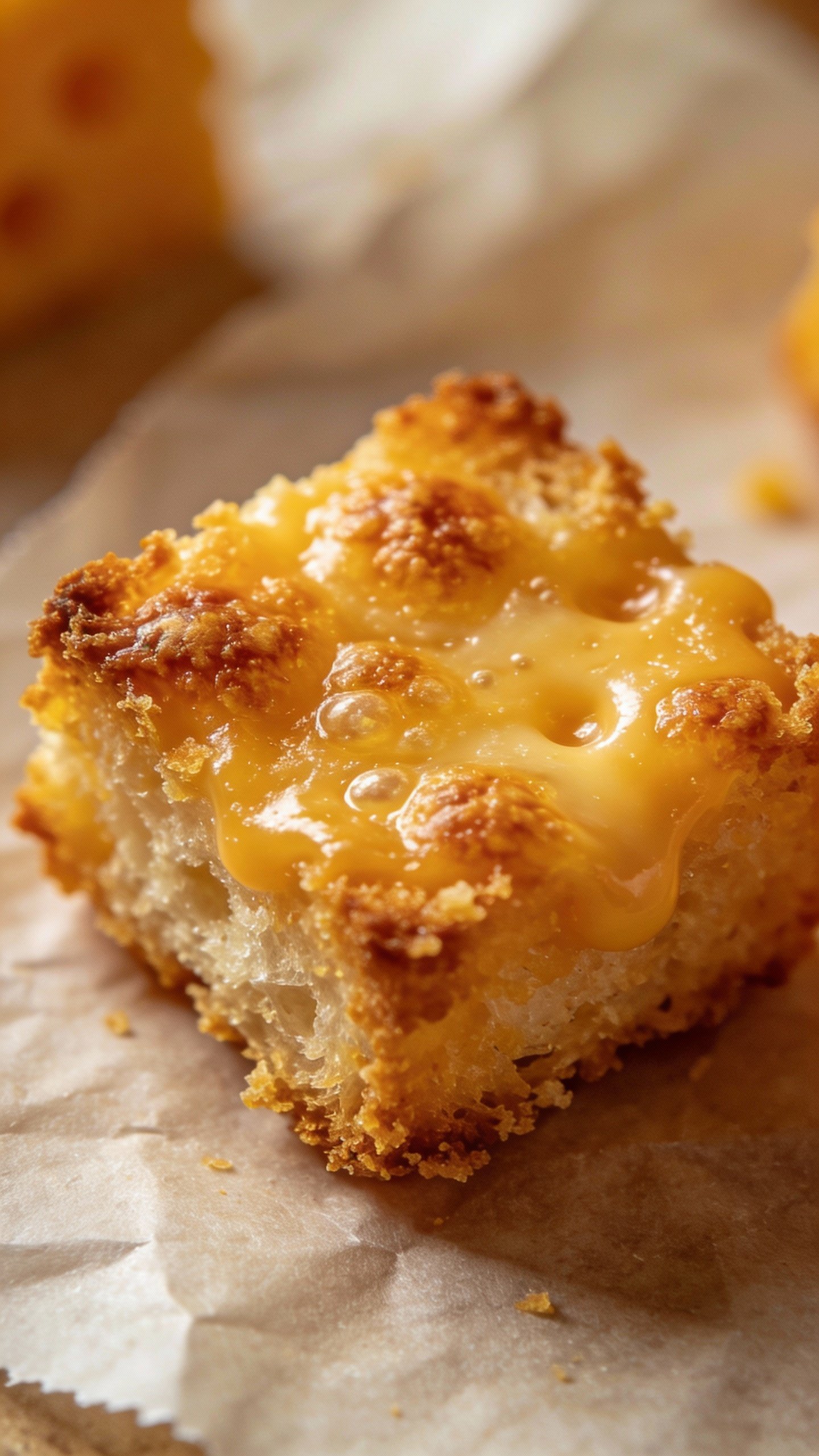 crispy cheddar cheese crouton on parchment, macro shot