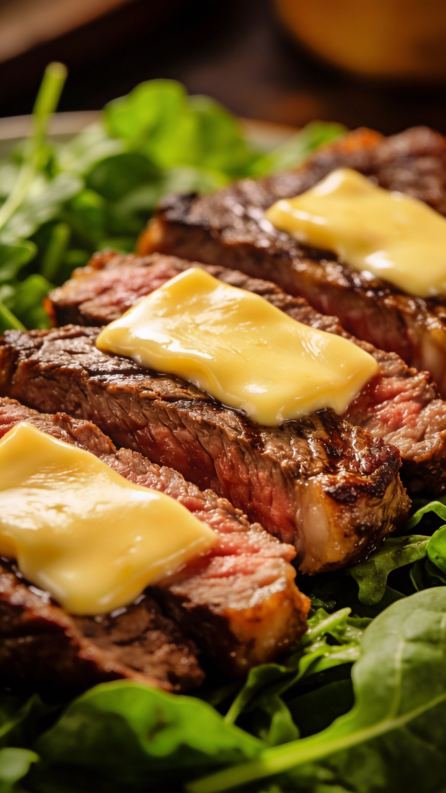 closeup ribeye steak slices with melted provolone on greens