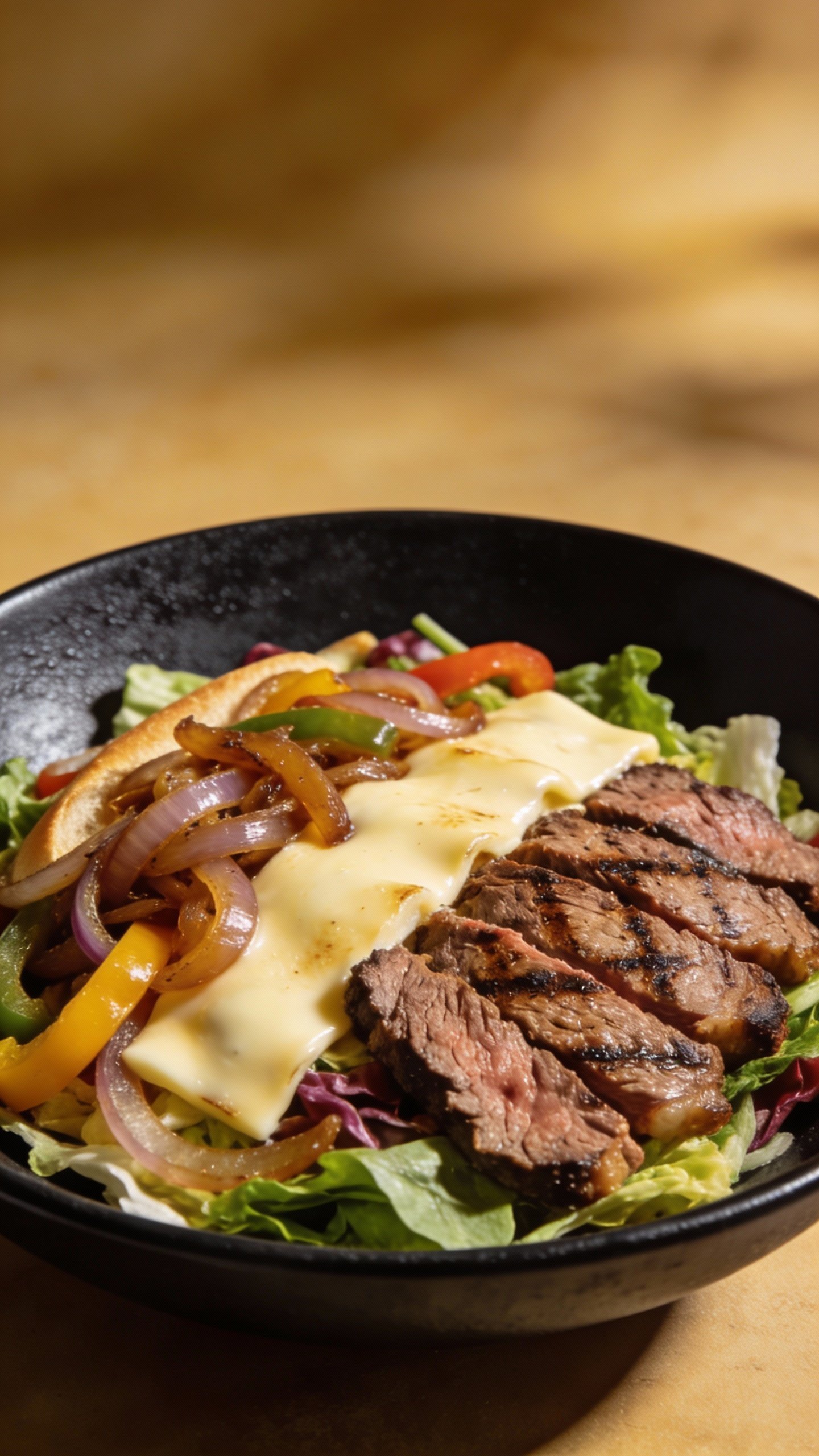 low-carb Philly cheesesteak salad in shallow black bowl