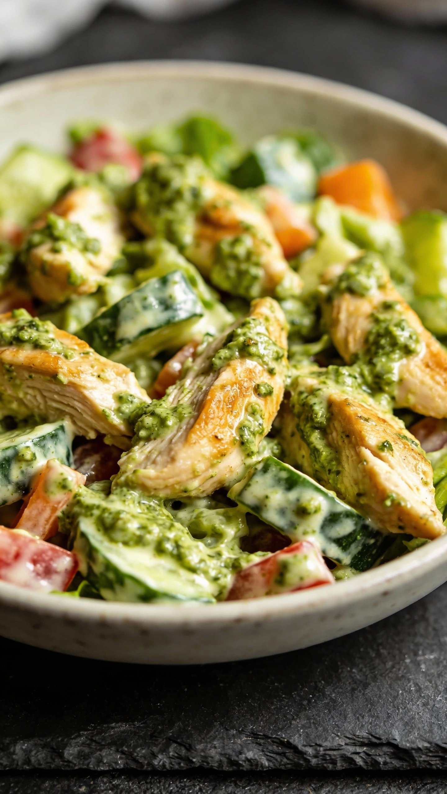 closeup bowl of creamy pesto chicken salad on slate backdrop