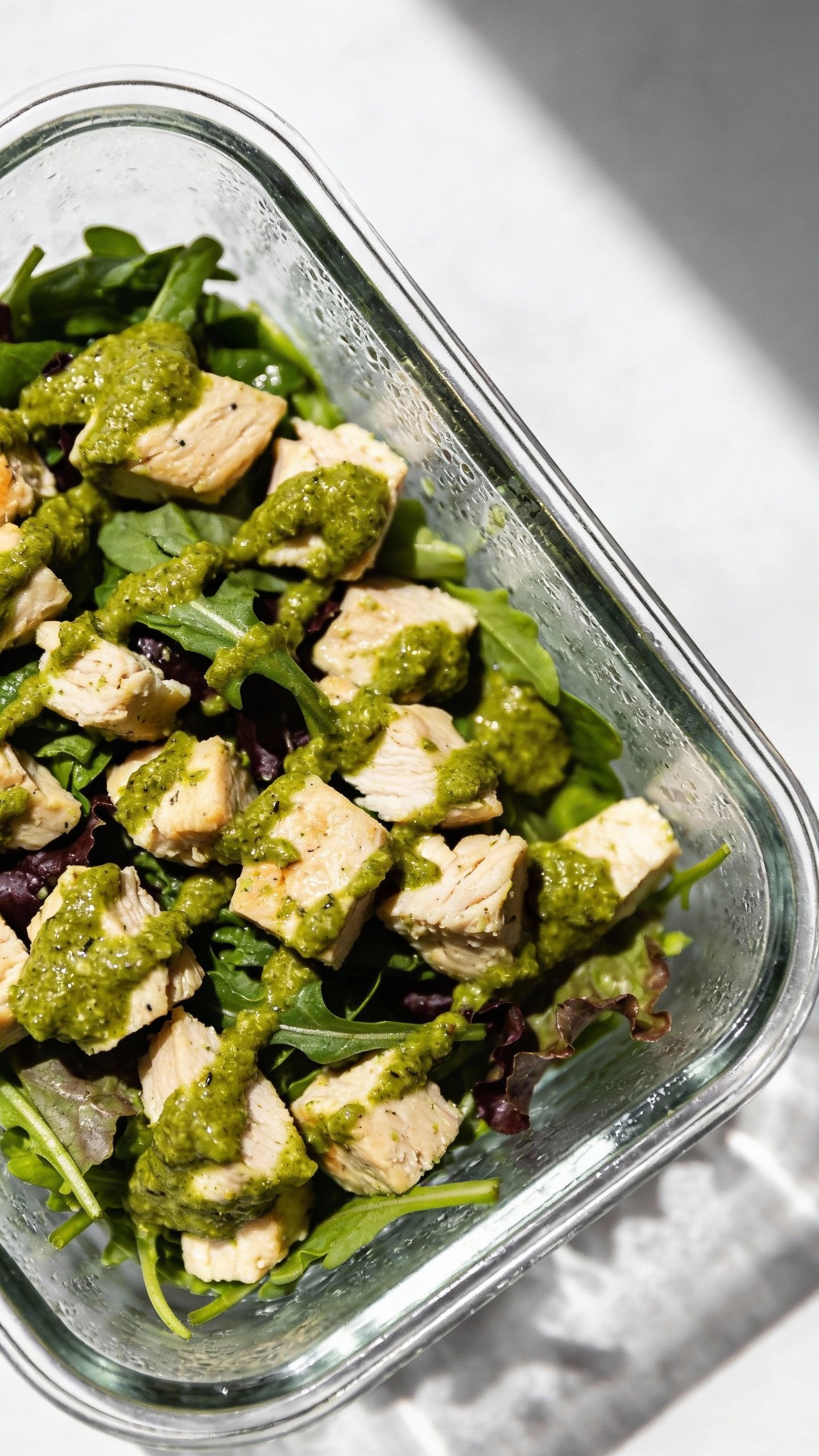 glass meal-prep container of keto pesto chicken salad, overhead shot